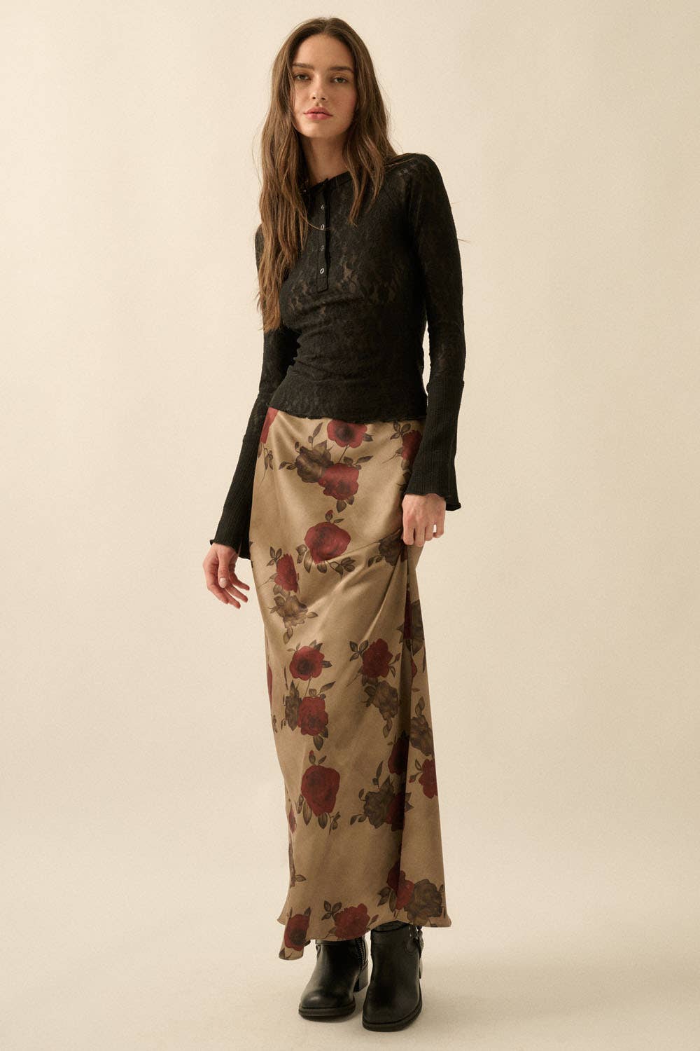 Promesa USA - Floral-Print Satin Elastic-Waist Maxi Skirt