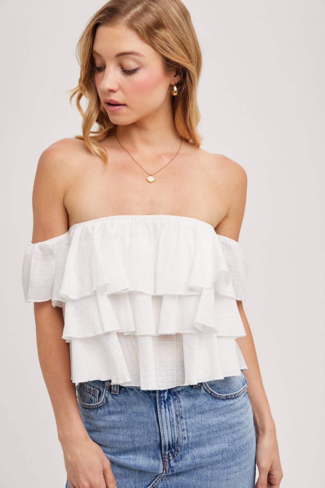 Bluivy - TEXTURED OFF-THE-SHOULDER TIERED CROP TOP