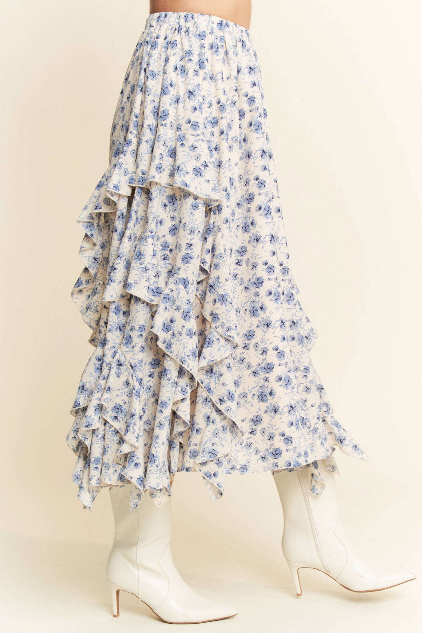 Davi & Dani - FLORAL ELASTIC WAISTBAND RUFFLE TIERED MAXI SKIRT