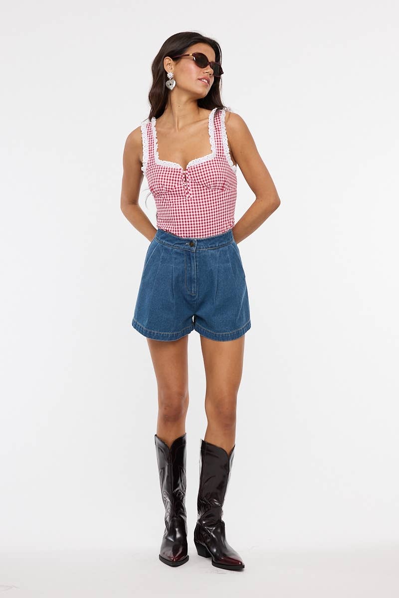 Sky to Moon - VIVID GINGHAM EYELET LACE TRIM CASUAL BODYSUIT