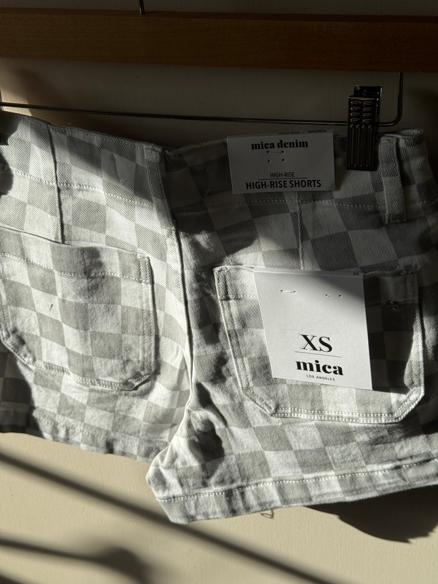 Mica Denim - White/Grey Denim High Rise Checker Print Shorts