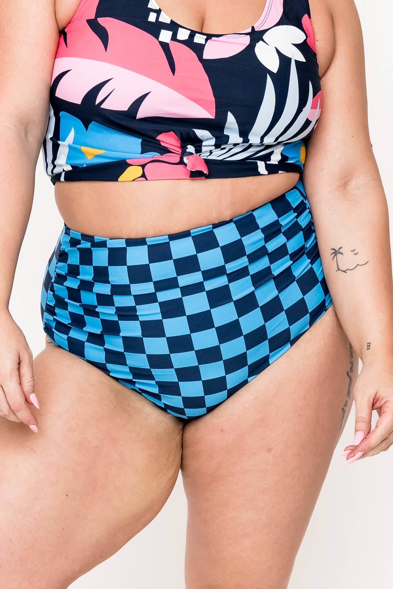 Coral Reef Swim - Blue Check High Waisted Ruched Swim Bottoms