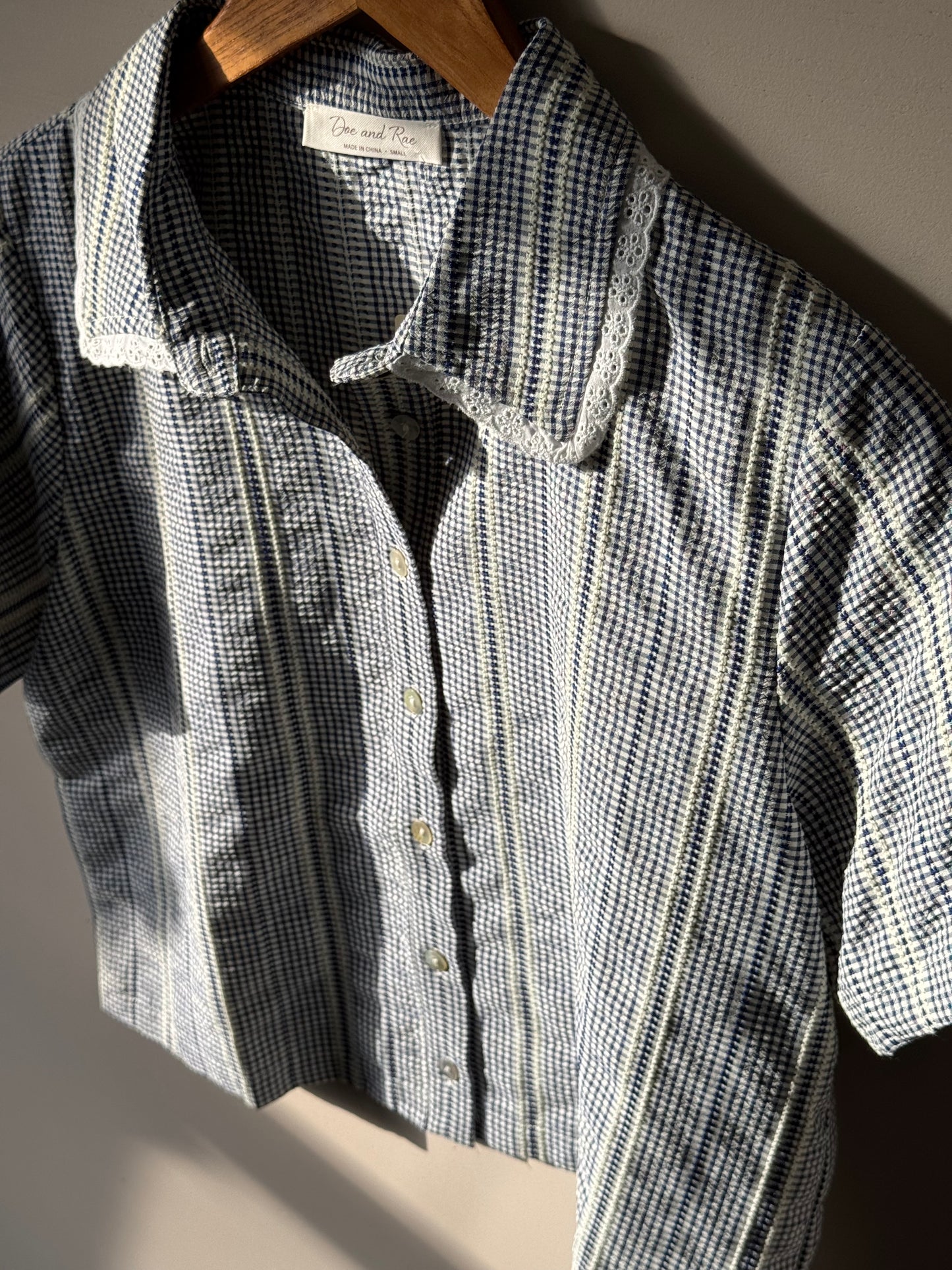 Doe and Rae - Navy/White Mini Gingham Collared Button-up Top