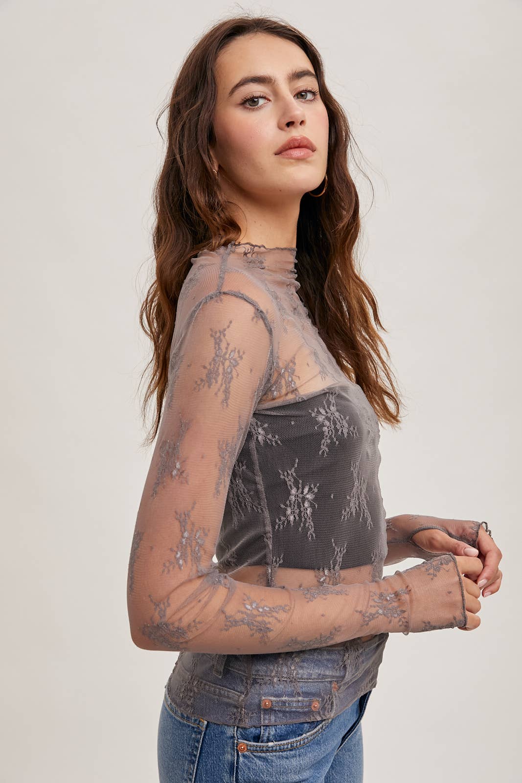 Bluivy - FLORAL EMBROIDERY LACE MESH LAYERING TOP