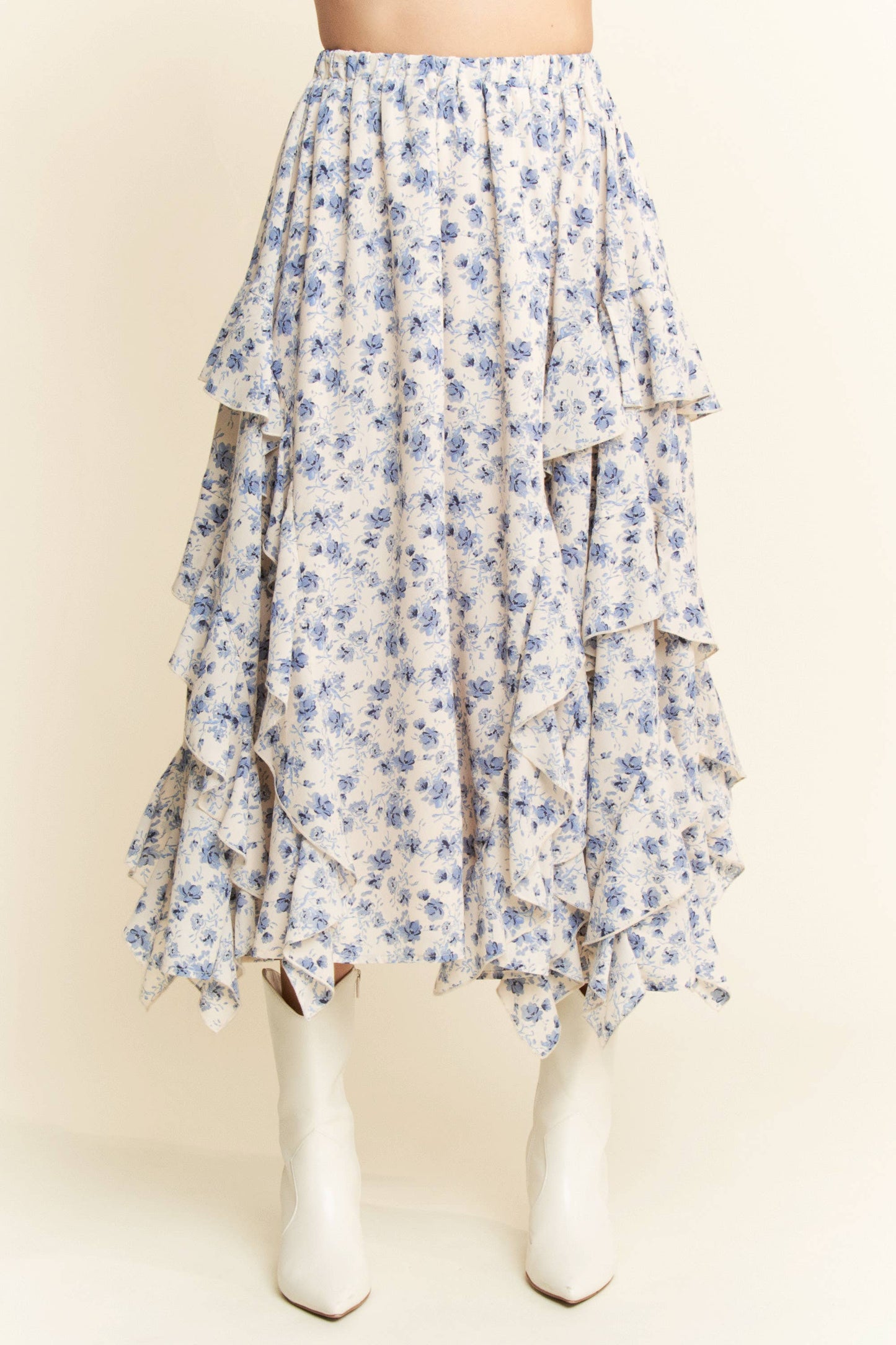 Davi & Dani - FLORAL ELASTIC WAISTBAND RUFFLE TIERED MAXI SKIRT