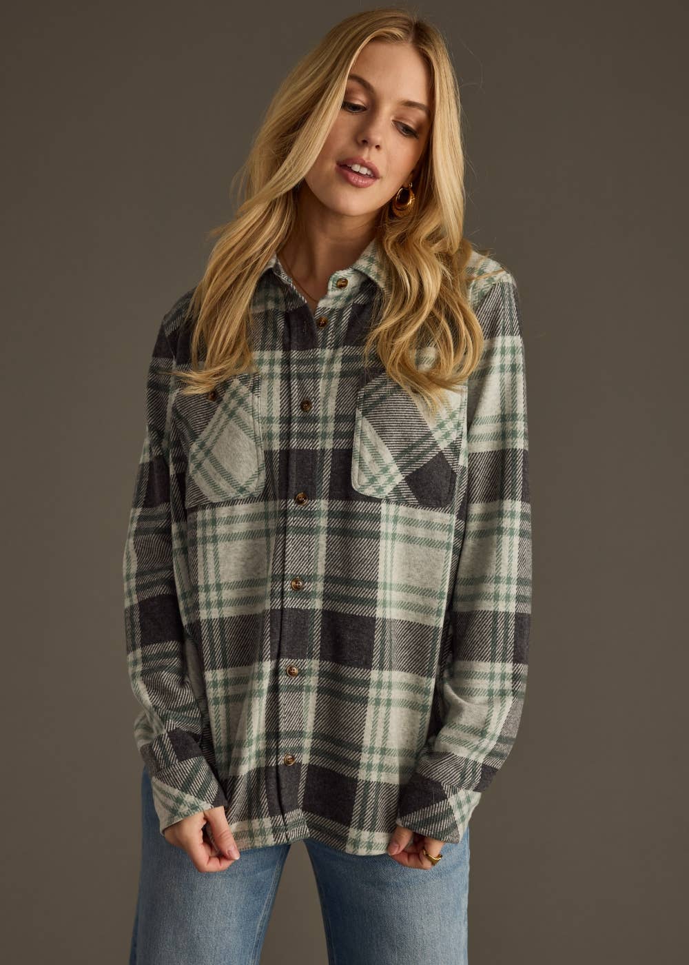 Panache Apparel Co. - Charcoal & Green Plaid Button Up