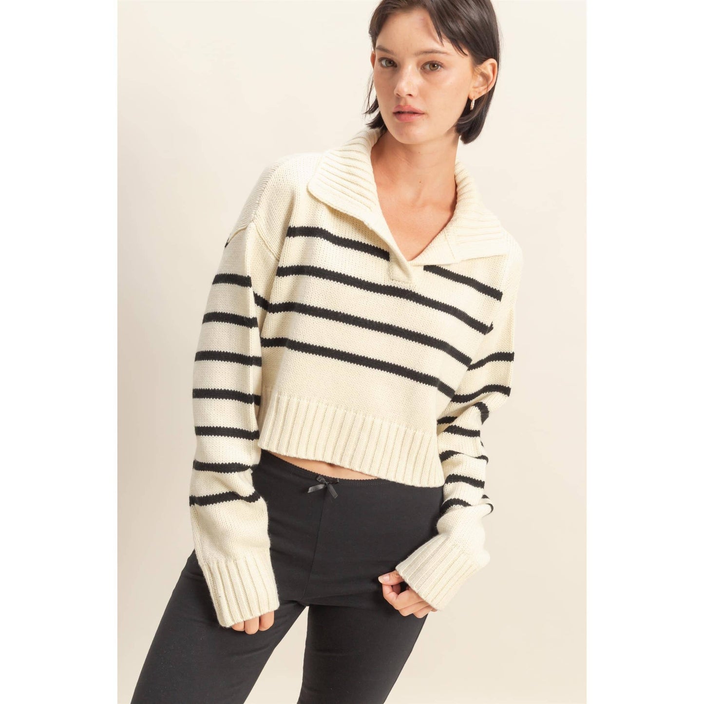 HYFVE - Ribbed Collar Striped Crop Sweater