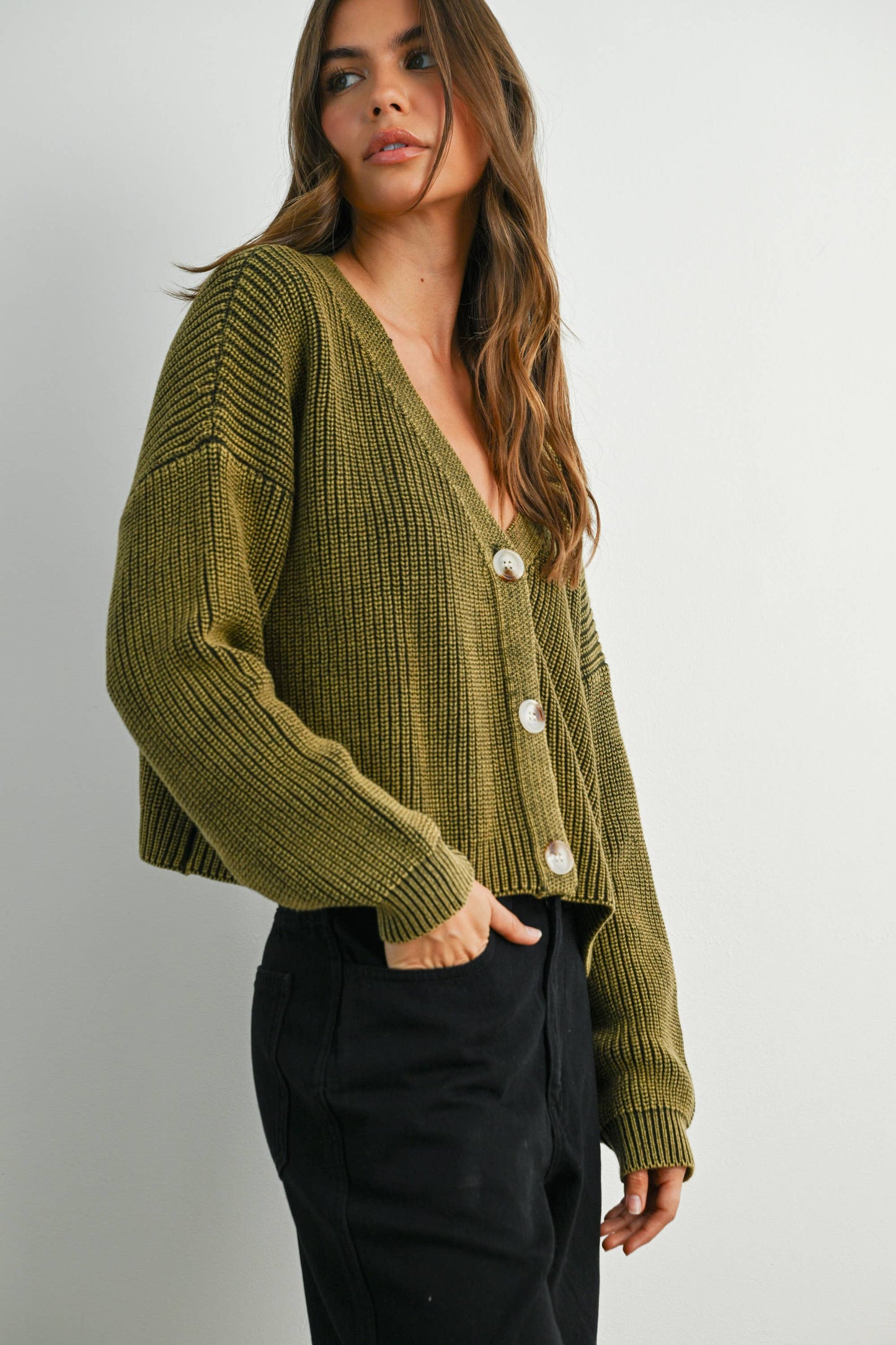 BUTTERMELON - V-Neck Buttoned Ribbed Long Sleeve Cardigan