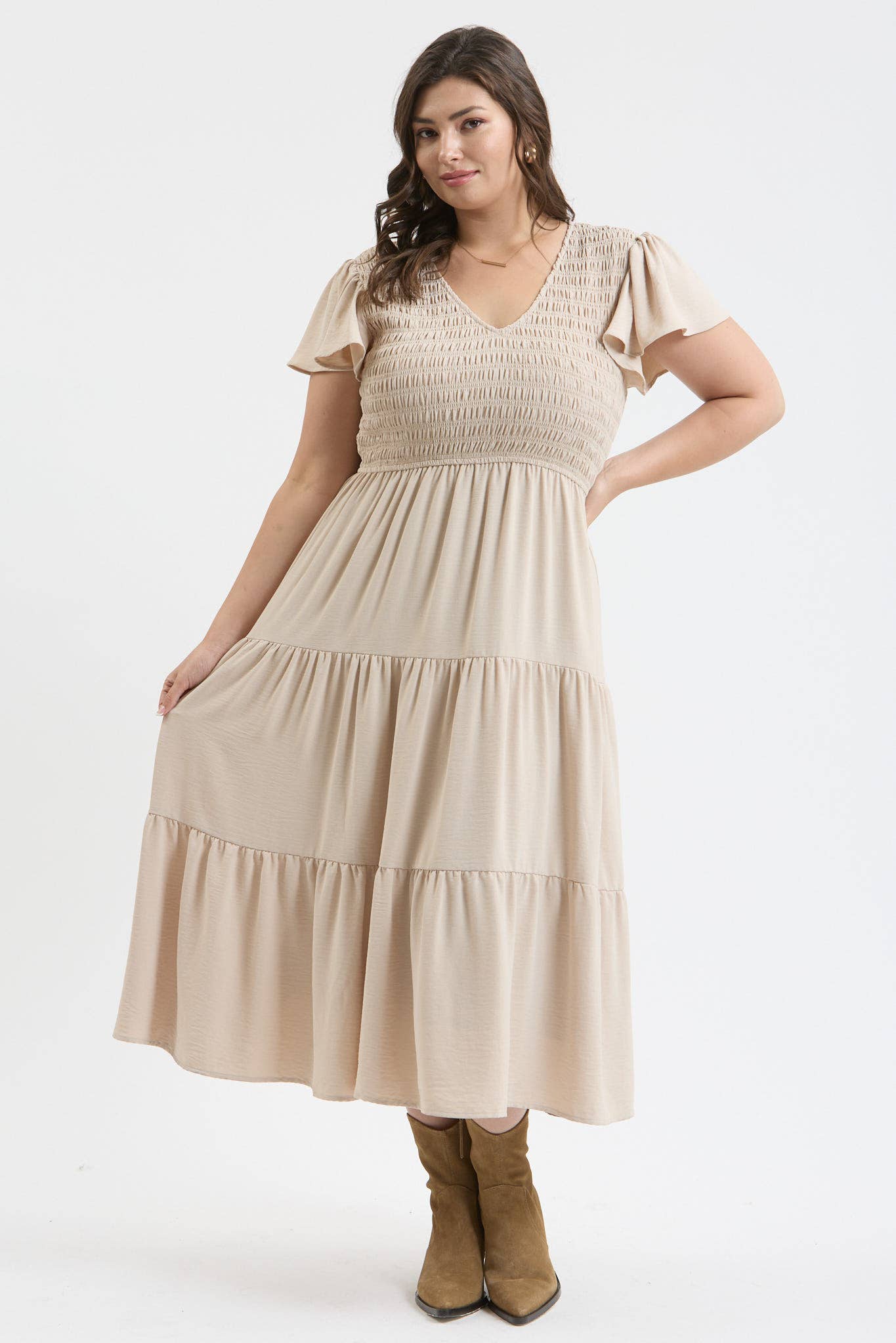 MINE - PLUS SIZE FLUTTER SLEEVE MIDI DRESS