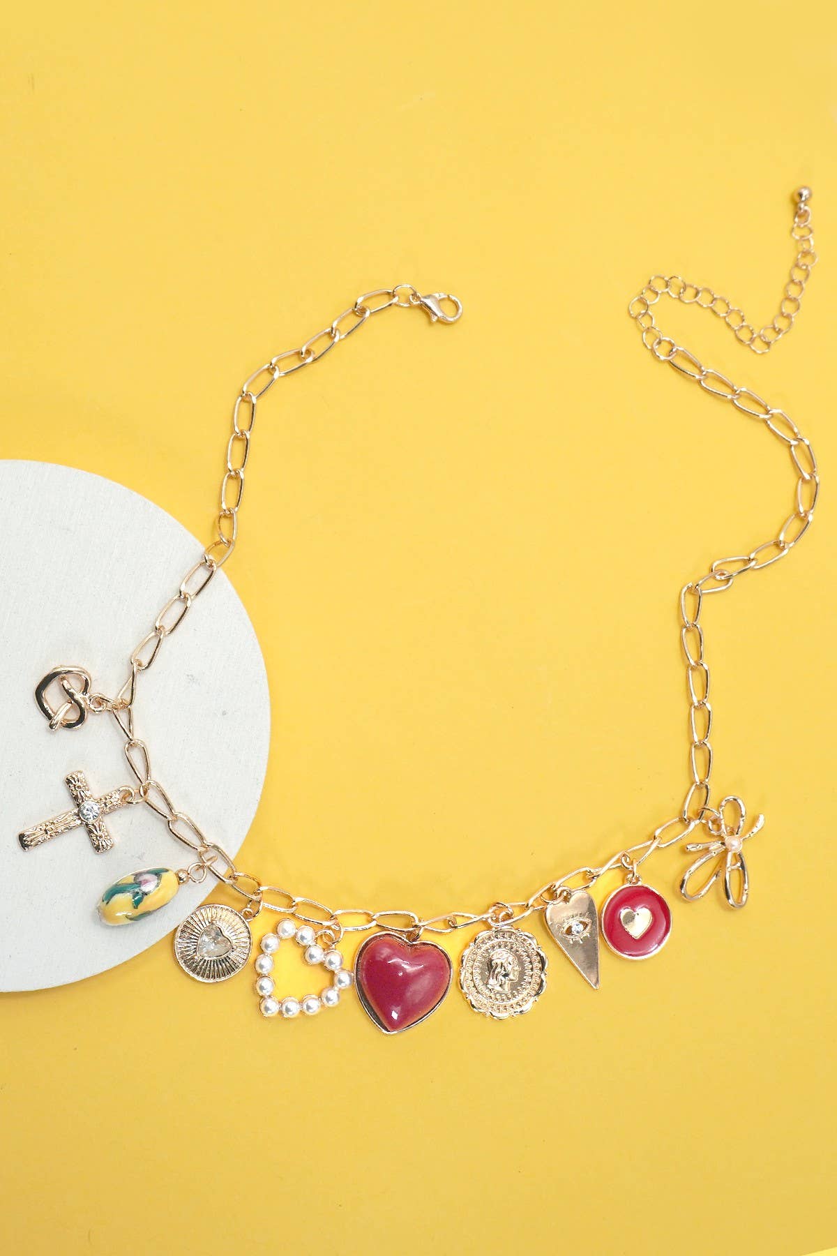 JOSSLYN by wall to wall - CHARM NECKLACE-BOW TOILE FLORAL RED HEART CROSS