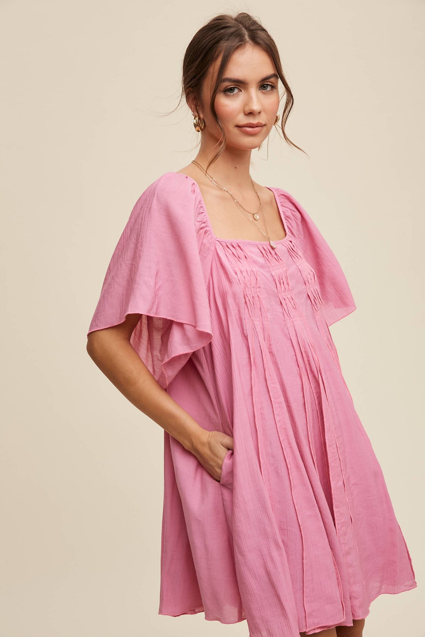 Listicle - Textured A-Line Mini Dress with Flutter Sleeves
