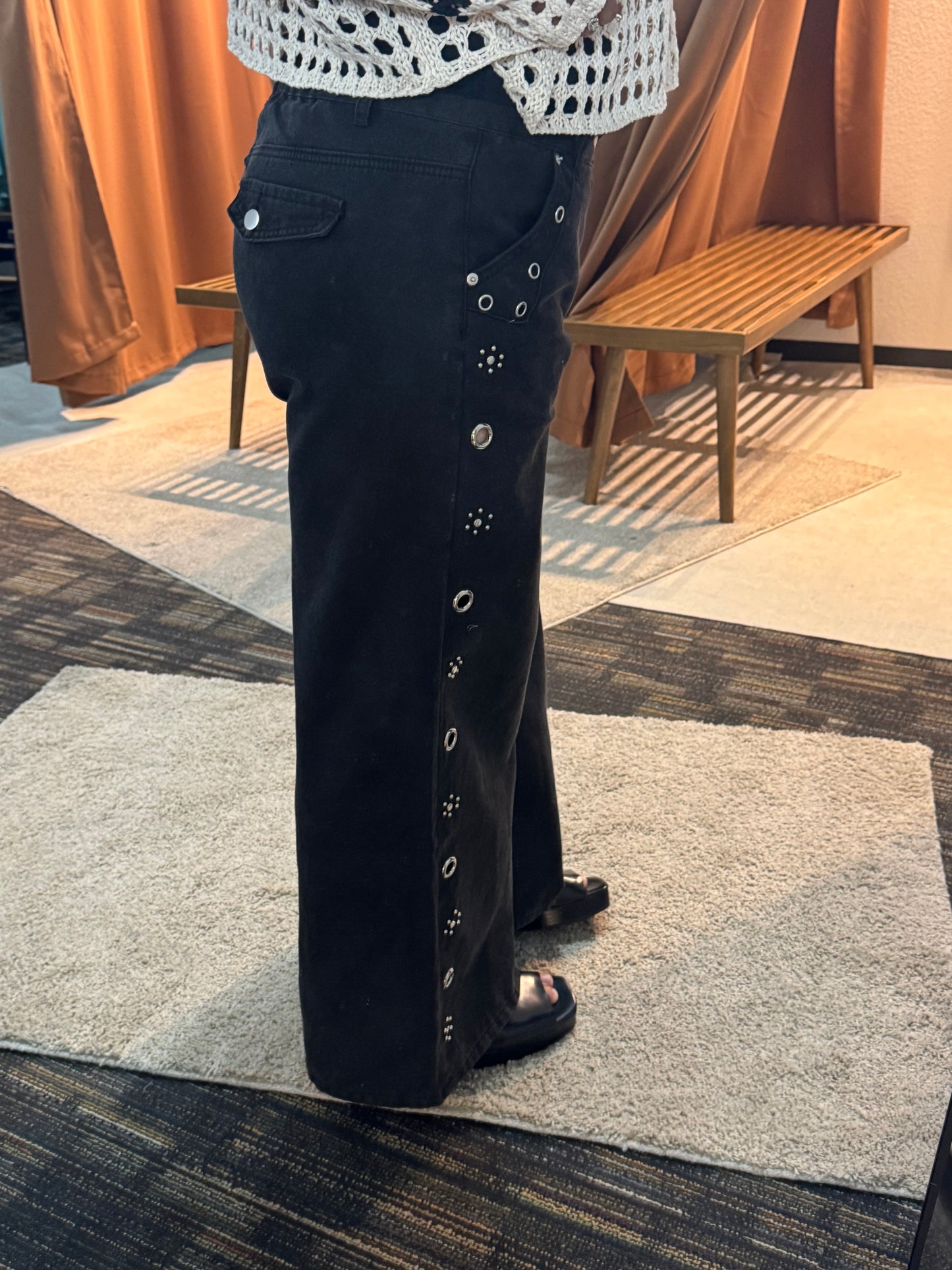 POL - Black Denim Wide-leg Pants w/ Silver Embellishments & Eyelet Detailing