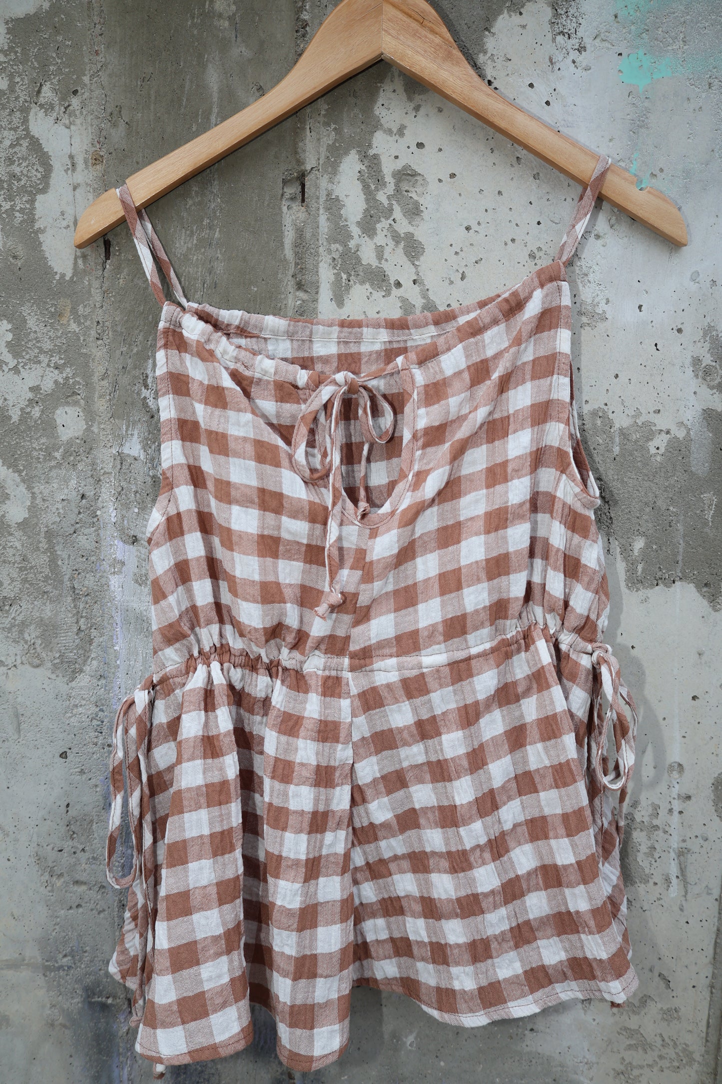 Miou Muse - Brown Gingham Loose Fit Tie-back Tank