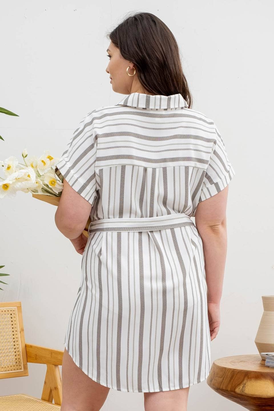MINE - PLUS SIZE STRIPE COLLARED SHORT SLEEVE BELTED SHIRT DRESS