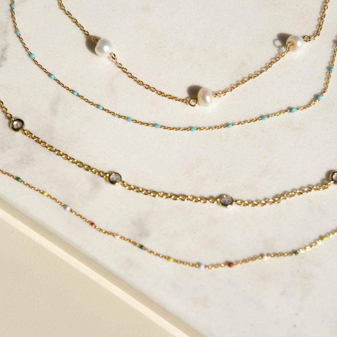 Nickel and Suede - Turquoise Beaded Delicate Saturn Chain Necklace