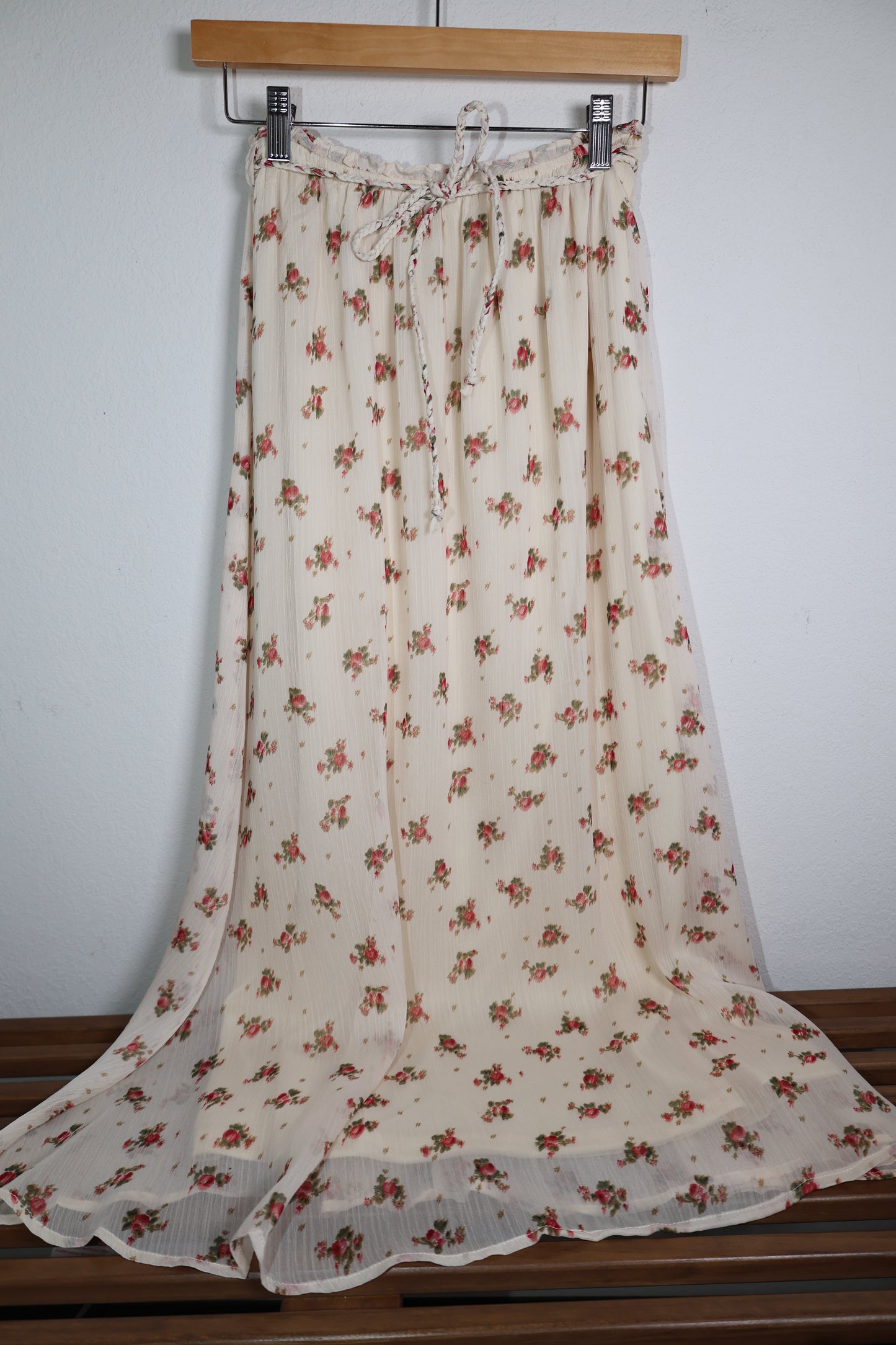 Cream chiffon fabric floral maxi skirt with rope style tie at the waist