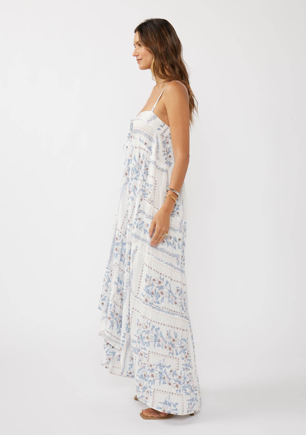 Lovestitch - Hi-Lo Spaghetti Strap Patchwork Ruffle Maxi Dress
