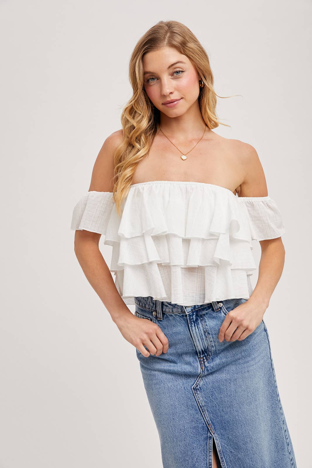 Bluivy - TEXTURED OFF-THE-SHOULDER TIERED CROP TOP