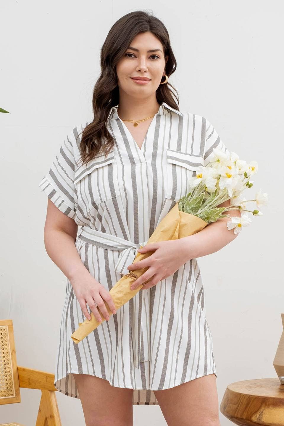 MINE - PLUS SIZE STRIPE COLLARED SHORT SLEEVE BELTED SHIRT DRESS
