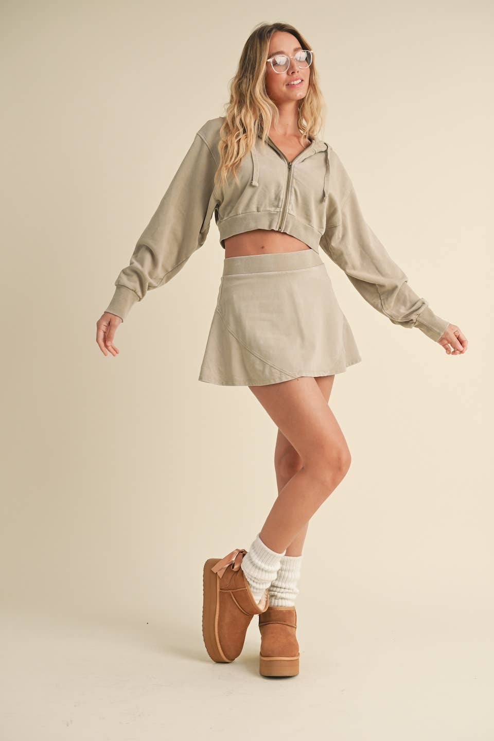 KIMBERLY C - Mineral Wash Oversized Crop Hoodie Beige