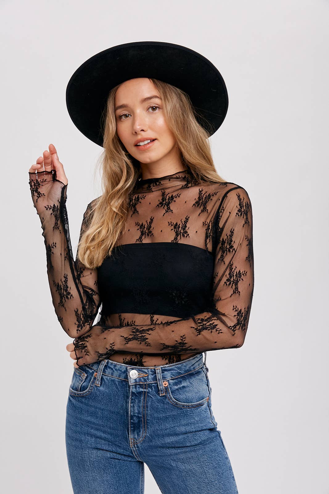 Bluivy - FLORAL EMBROIDERY LACE MESH LAYERING TOP