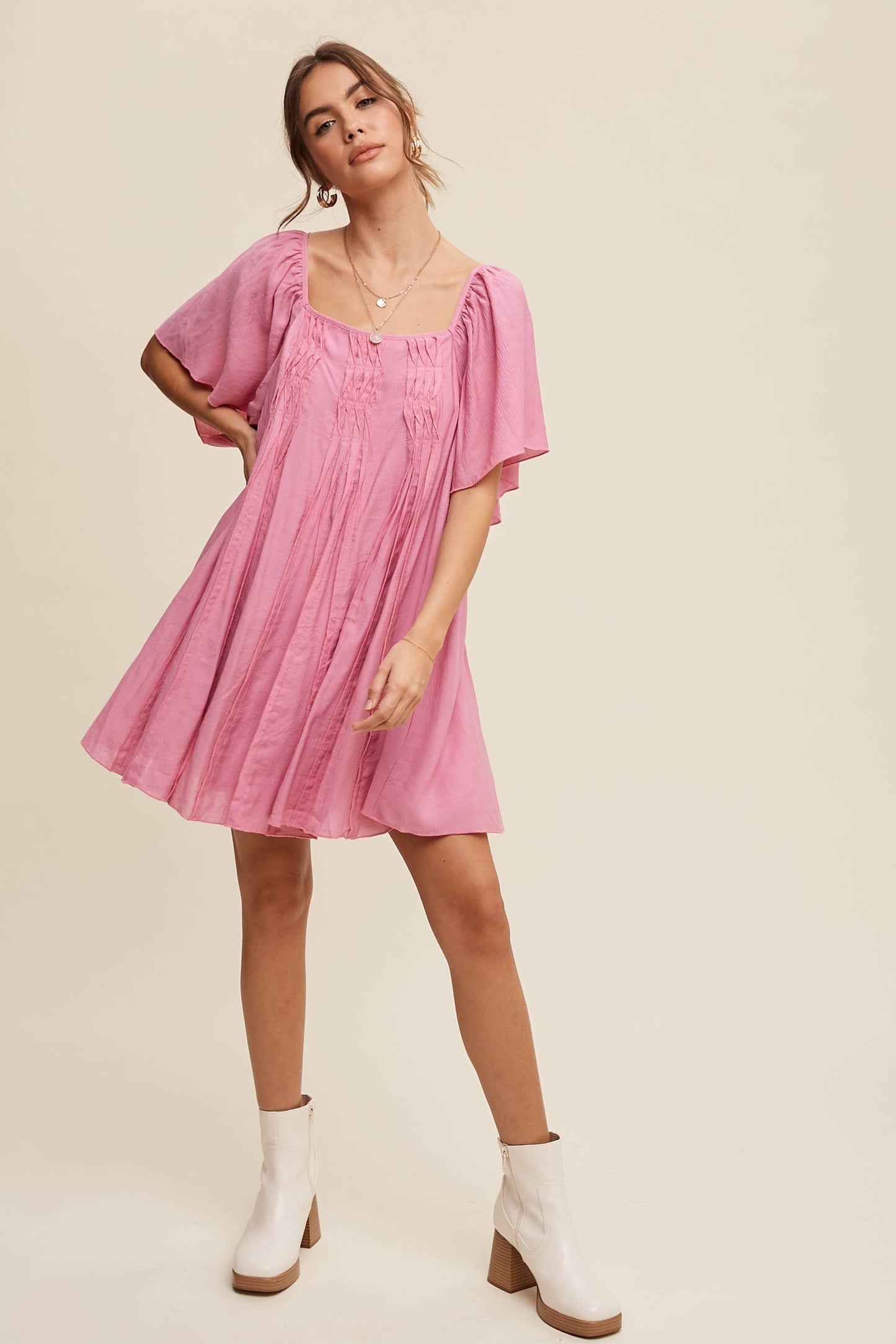 Listicle - Textured A-Line Mini Dress with Flutter Sleeves