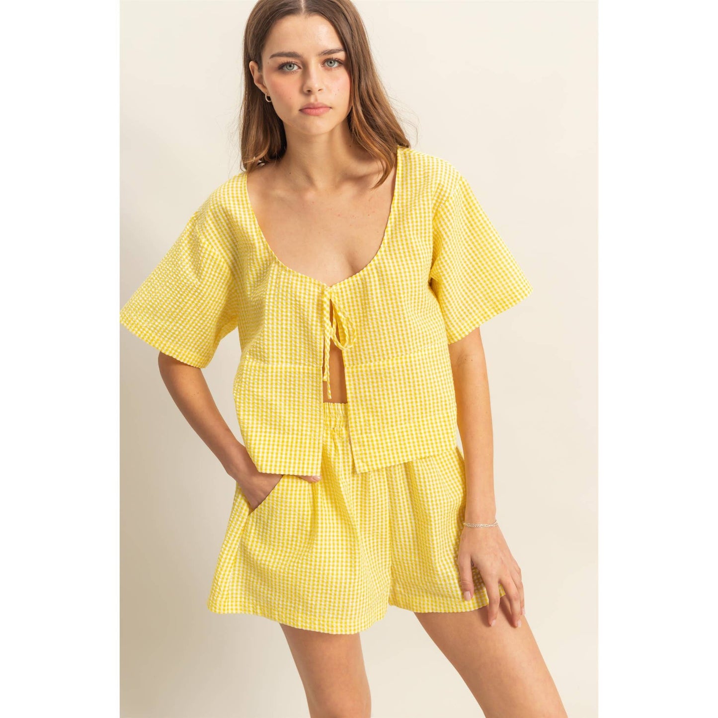 HYFVE-SET-Cute Gingham Front Tie Top And Shorts Set