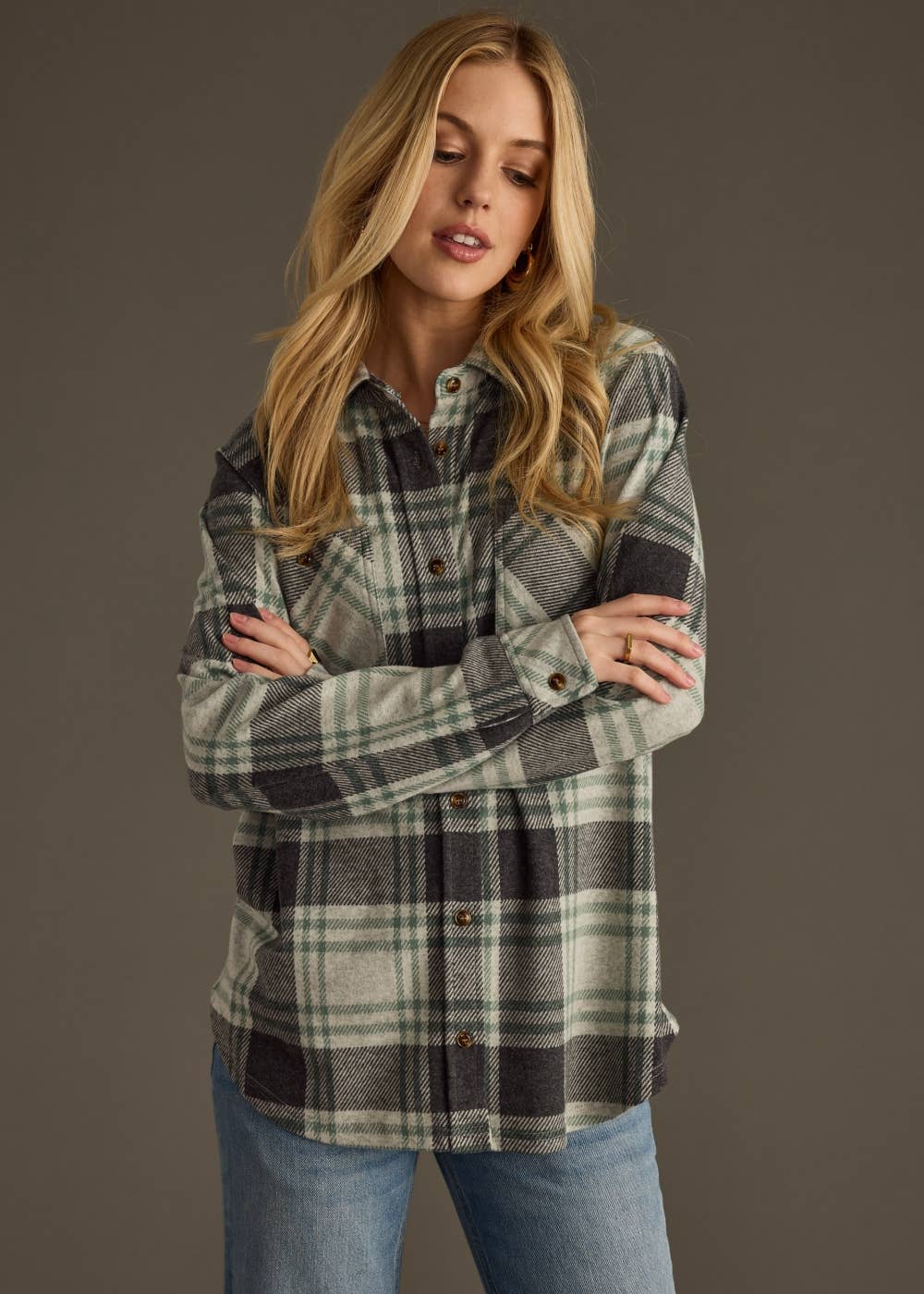 Panache Apparel Co. - Charcoal & Green Plaid Button Up