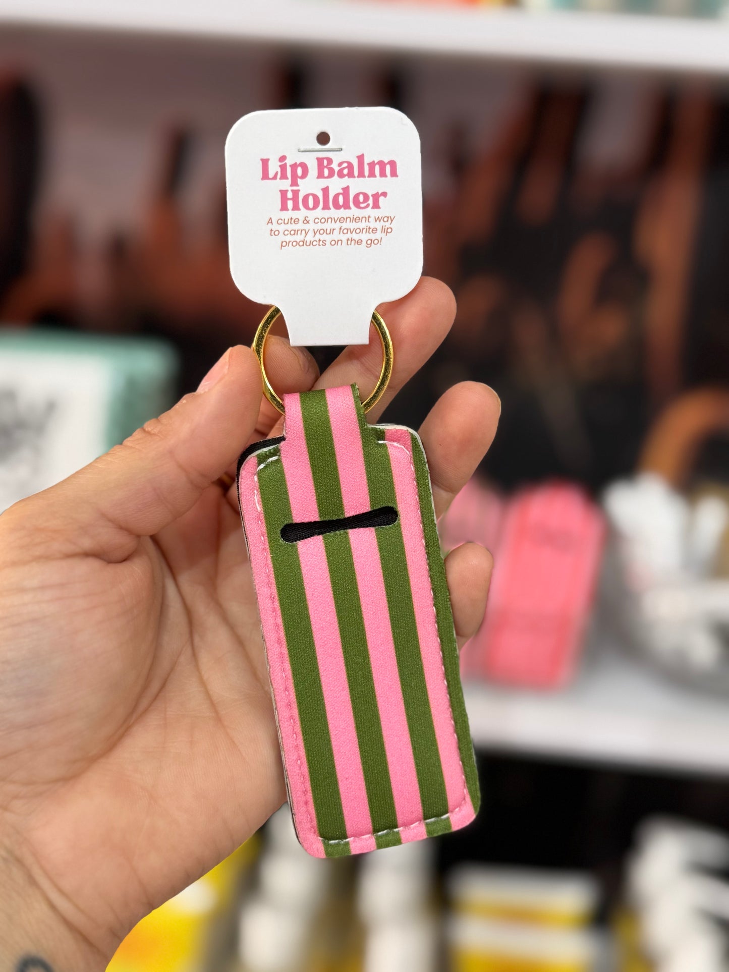 Elle Nicole - Lip Balm Keychain Holder - Pink & Green Stripes