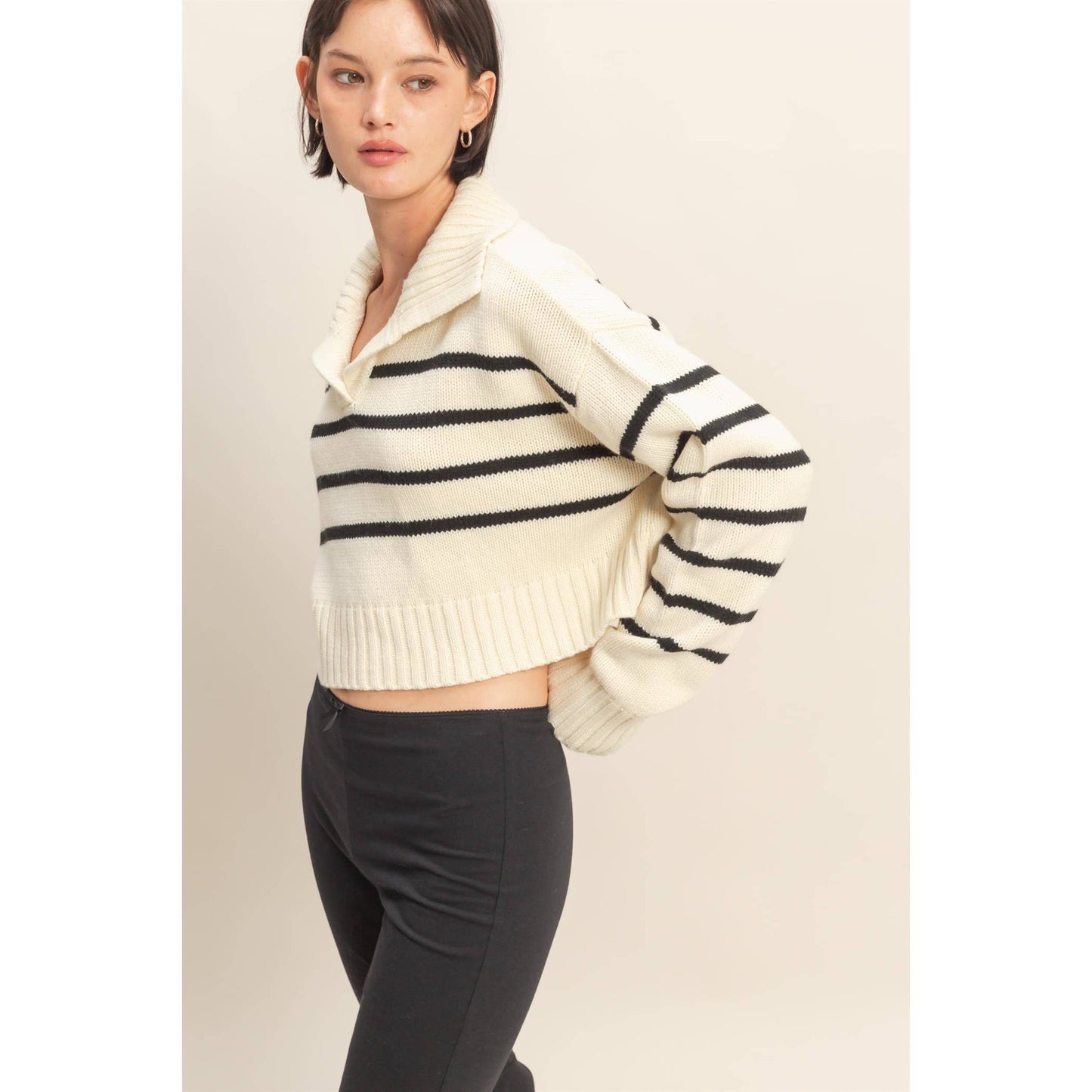 HYFVE - Ribbed Collar Striped Crop Sweater