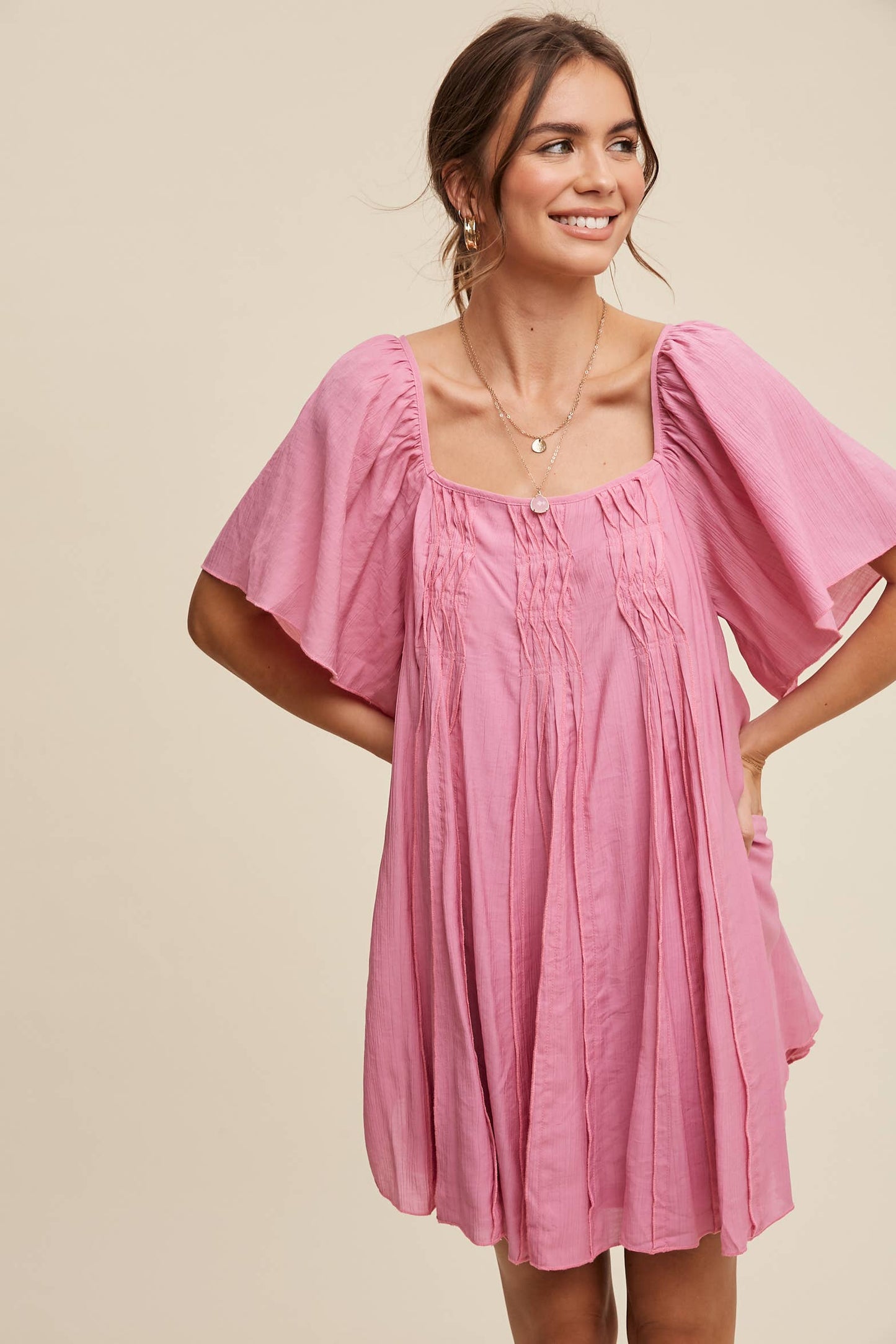 Listicle - Textured A-Line Mini Dress with Flutter Sleeves
