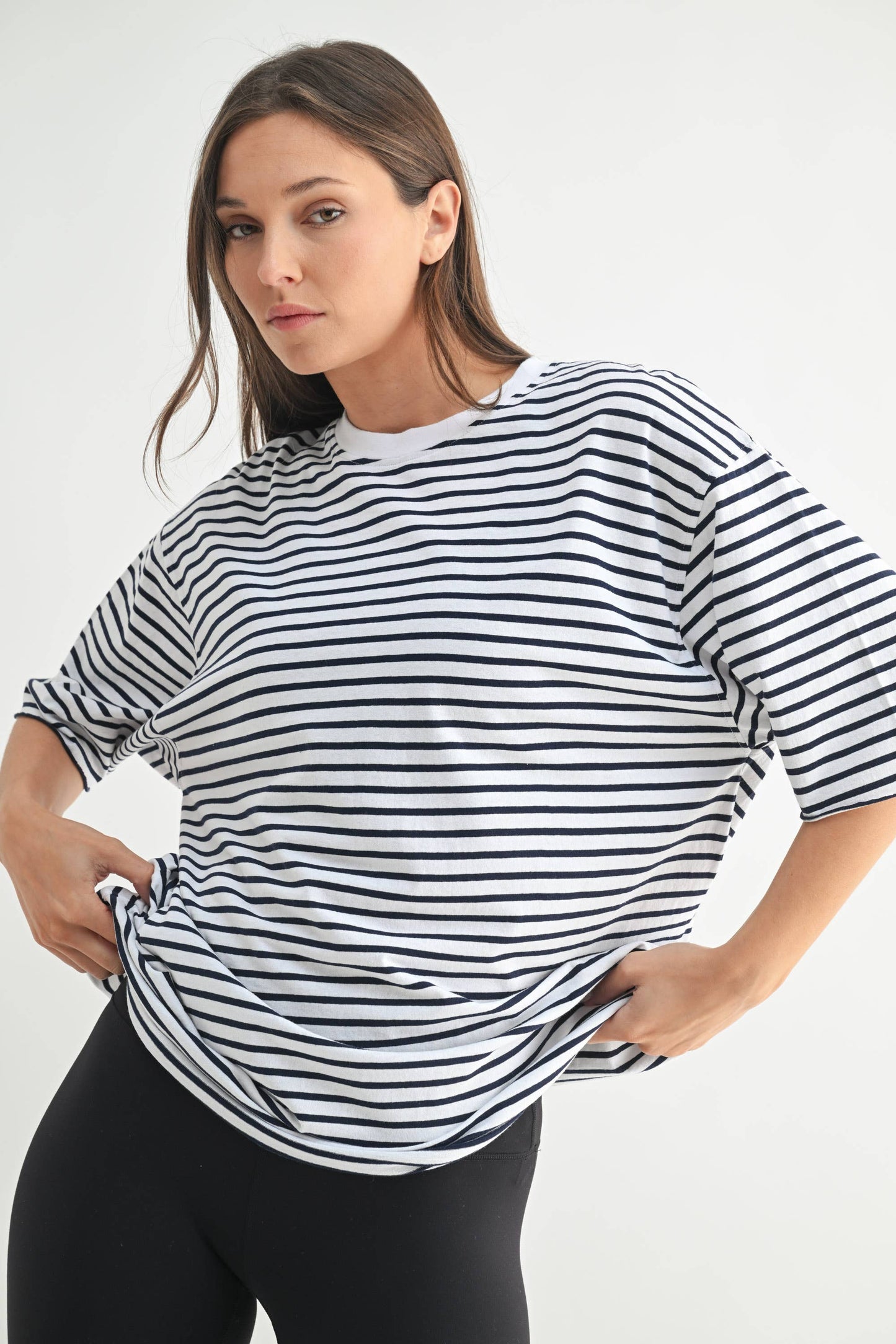 Mono B - Coastal Cotton Striped Oversized Crewneck Tee