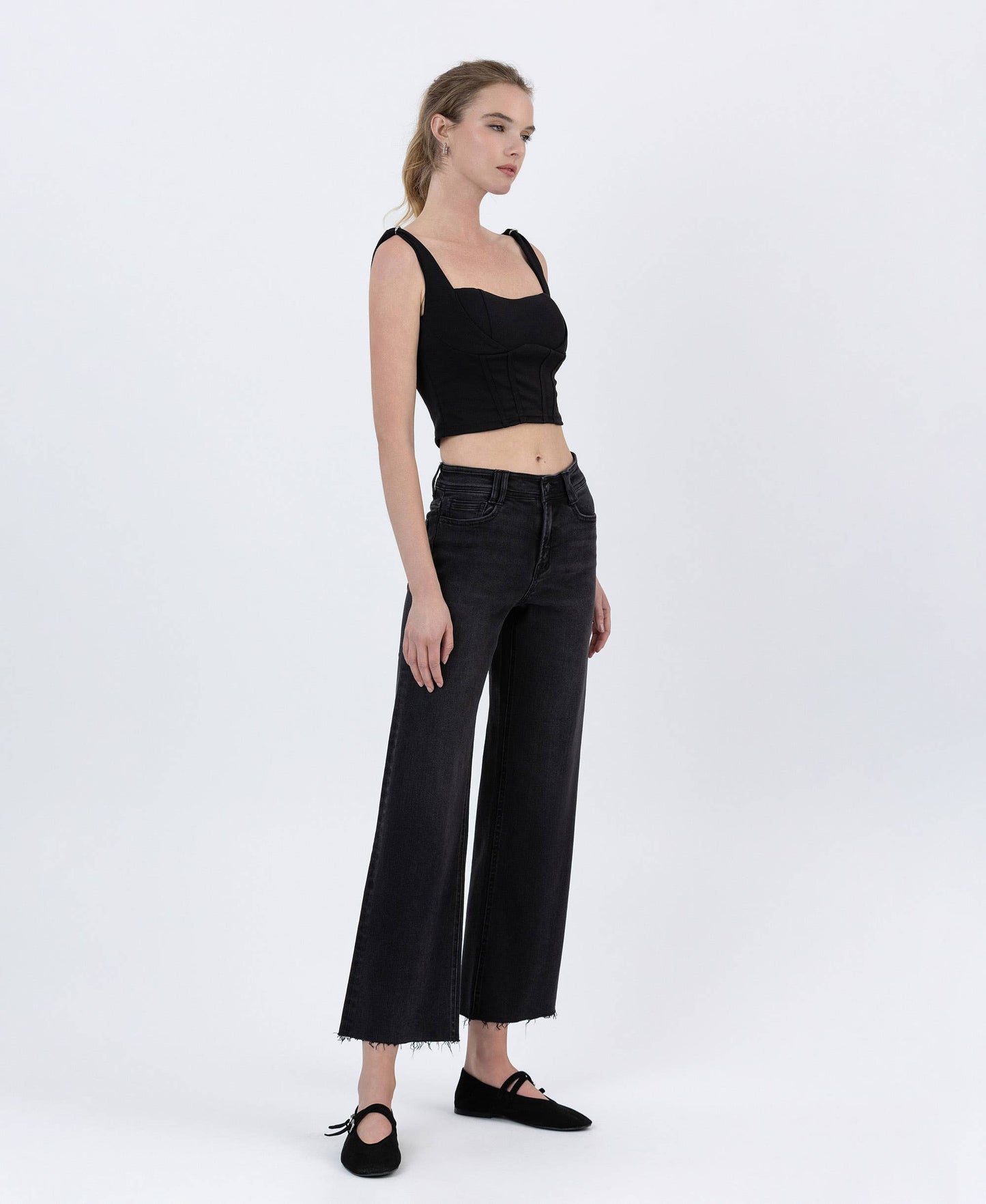 FLYING MONKEY - HIGH RISE RAW HEM ANKLE WIDE JEANS