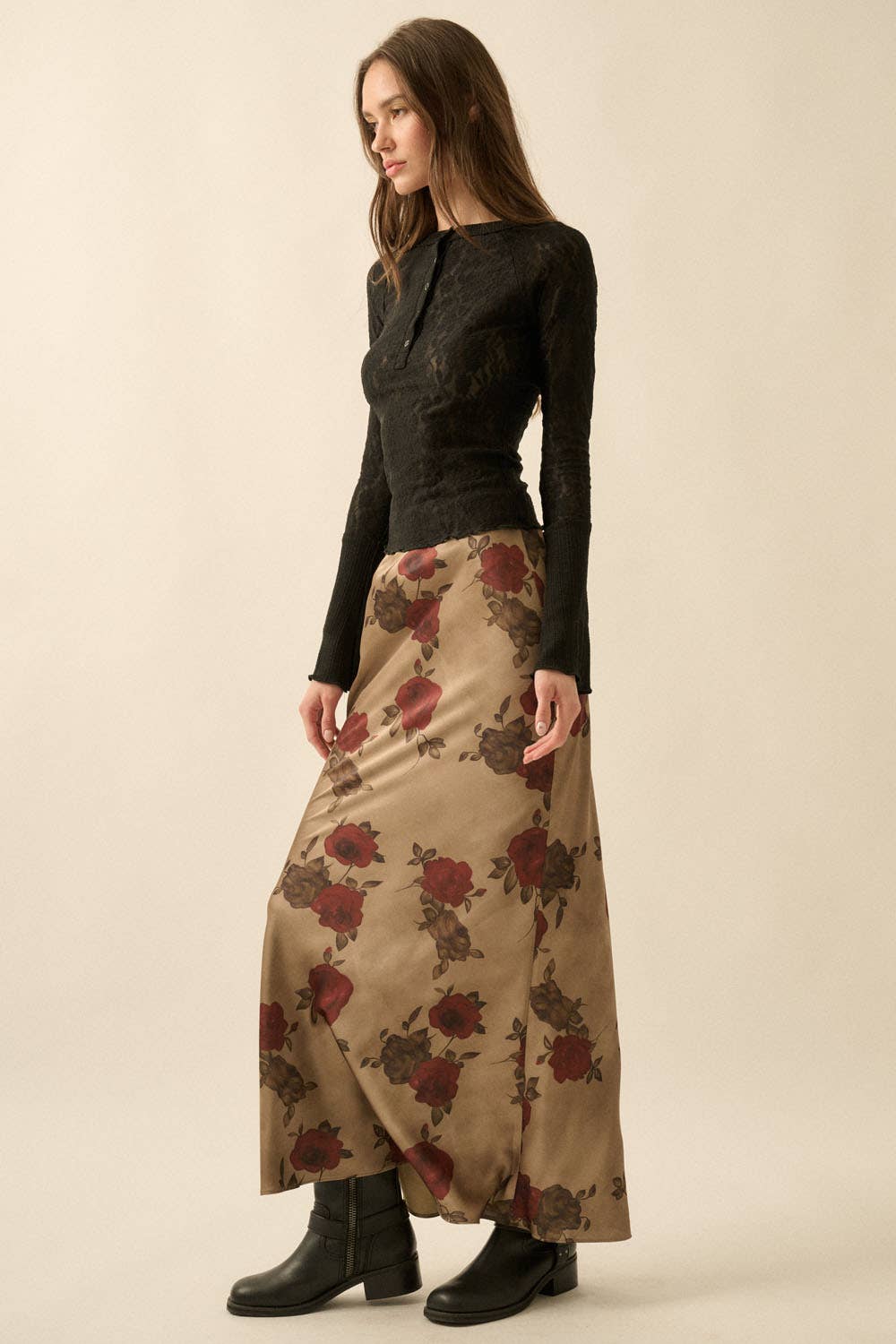 Promesa USA - Floral-Print Satin Elastic-Waist Maxi Skirt
