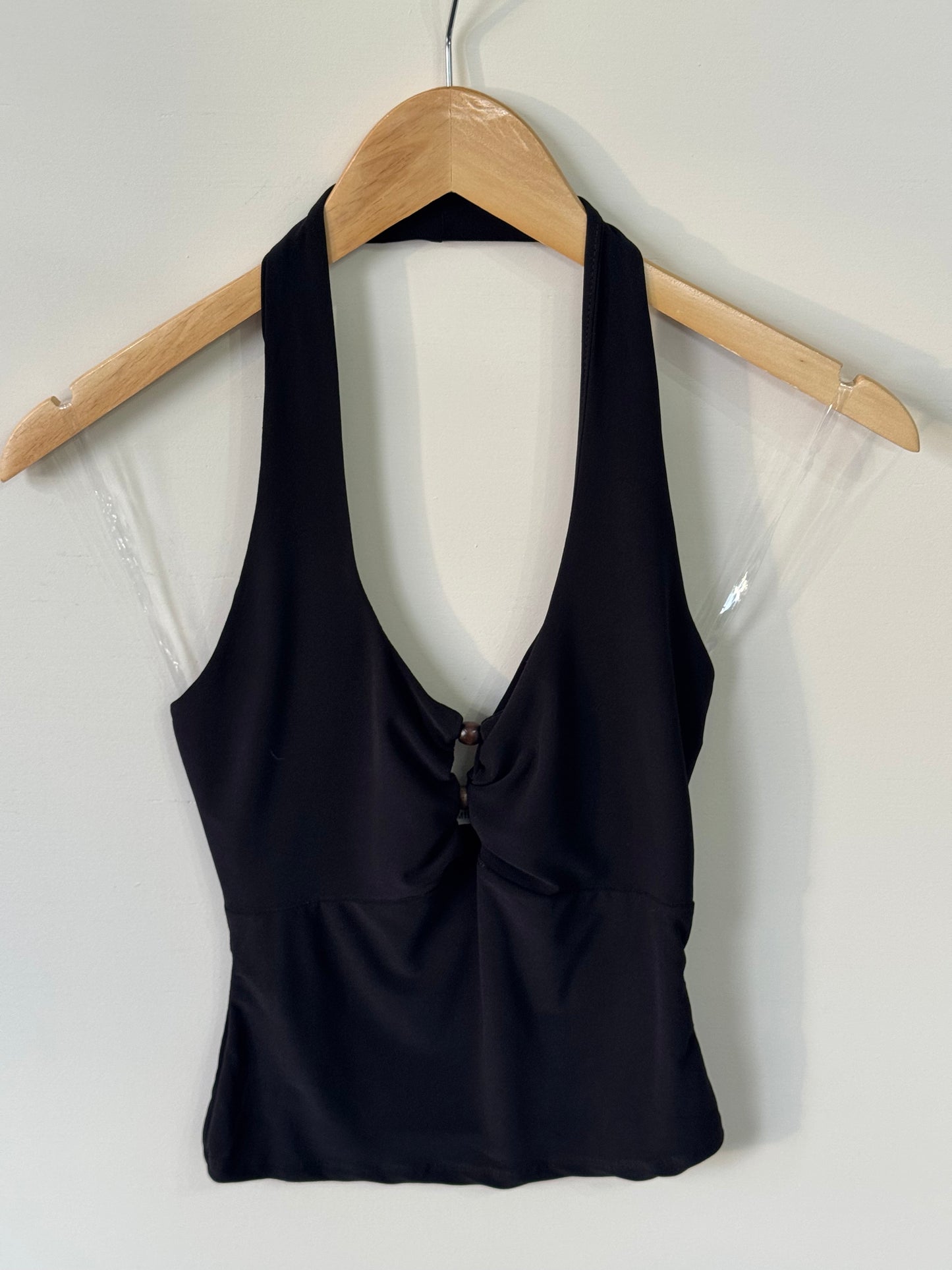 Timing - Black Front Beaded Cut-out Halter Top