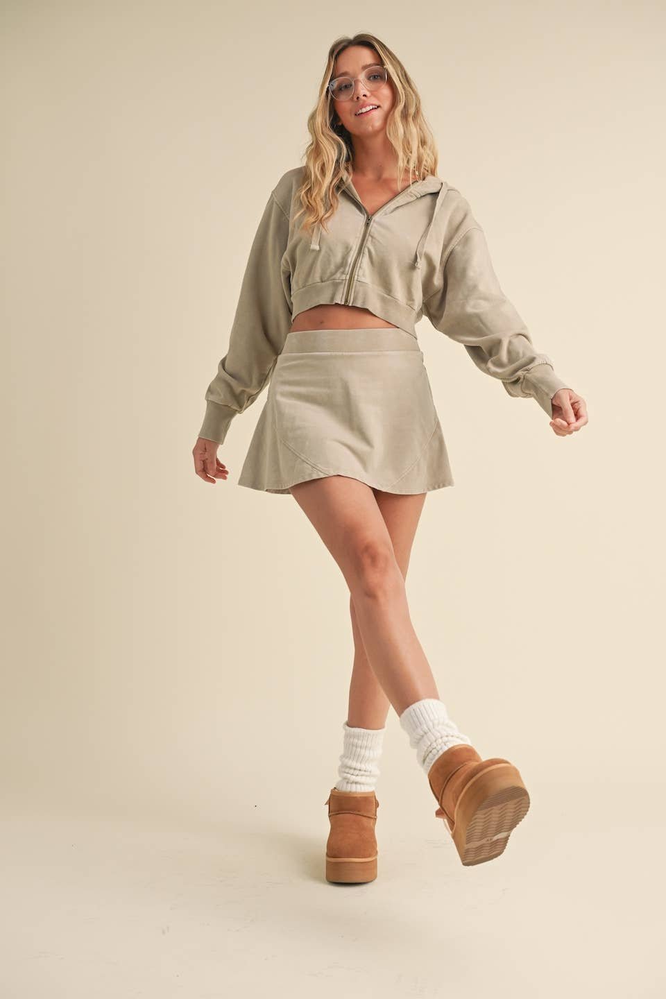 KIMBERLY C - Mineral Wash Oversized Crop Hoodie Beige