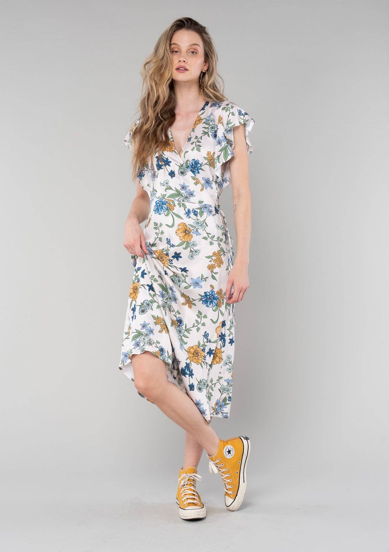 Lovestitch - Floral Short Flutter Sleeve Midi Wrap Dress