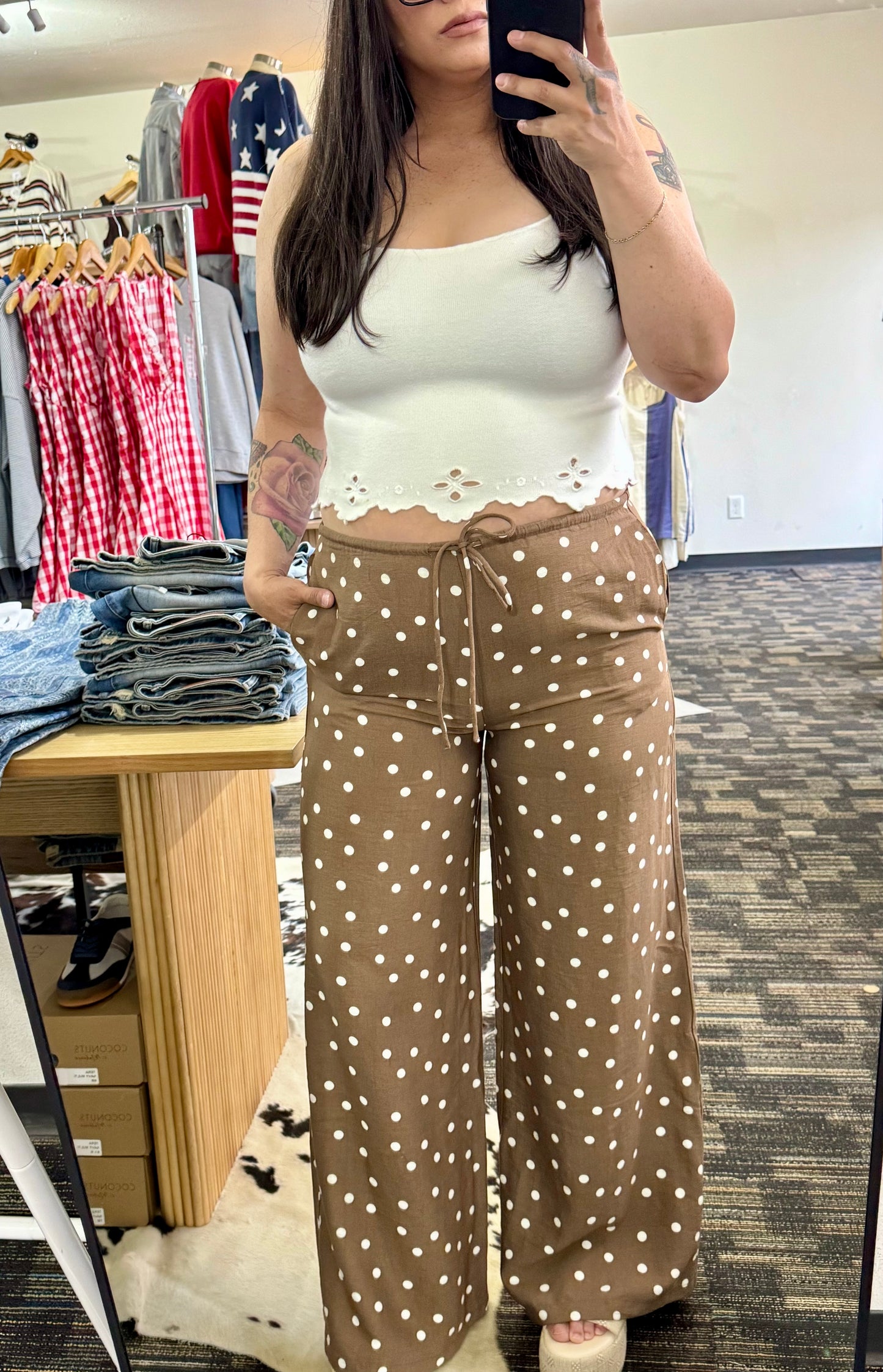 Dress Forum - Polka Dot Wide-leg Breezy Pants w/ Drawstring