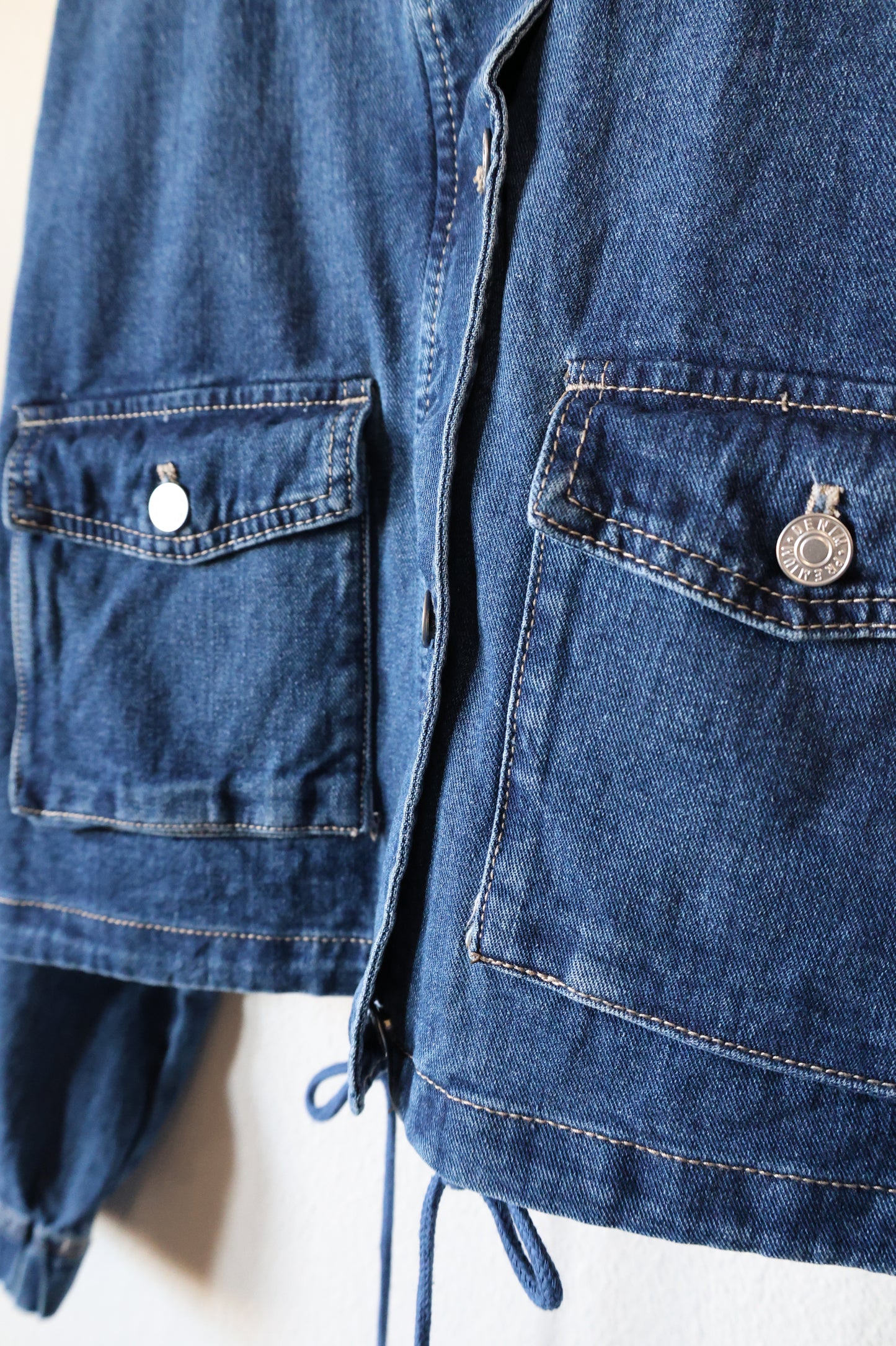 Urban Daizy - Utility Cropped Drawstring Hem Stand Collar Denim Jacket