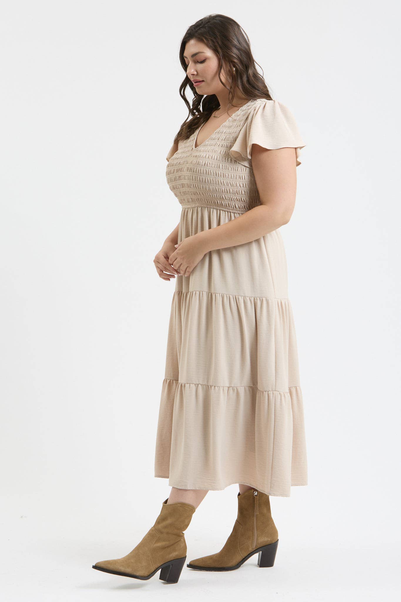 MINE - PLUS SIZE FLUTTER SLEEVE MIDI DRESS