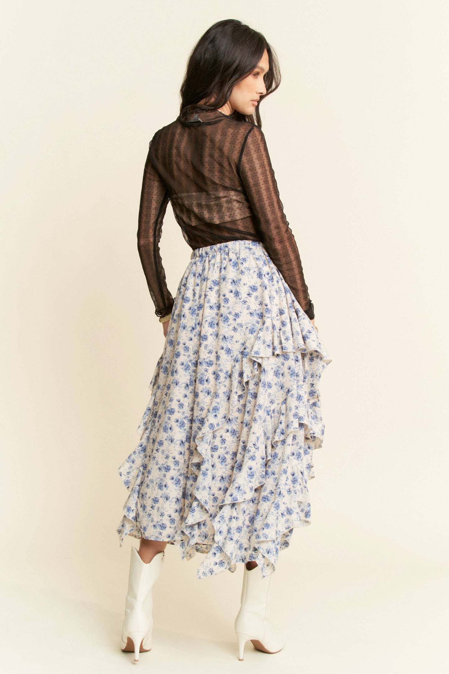 Davi & Dani - FLORAL ELASTIC WAISTBAND RUFFLE TIERED MAXI SKIRT