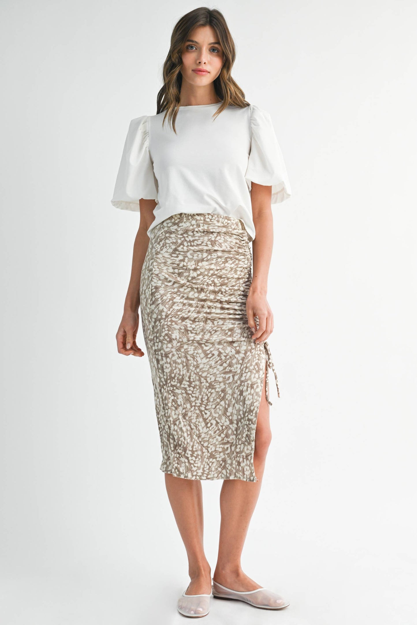 Endless Blu - PRINTED SIDE SHIRRING LONG SKIRT