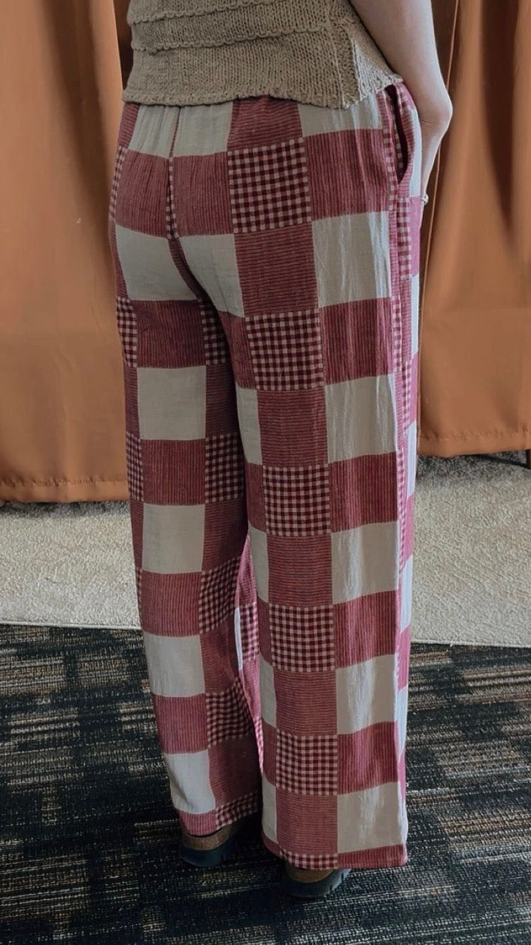 Miou Muse - Red Gingham/Strip Patch Effect Pants