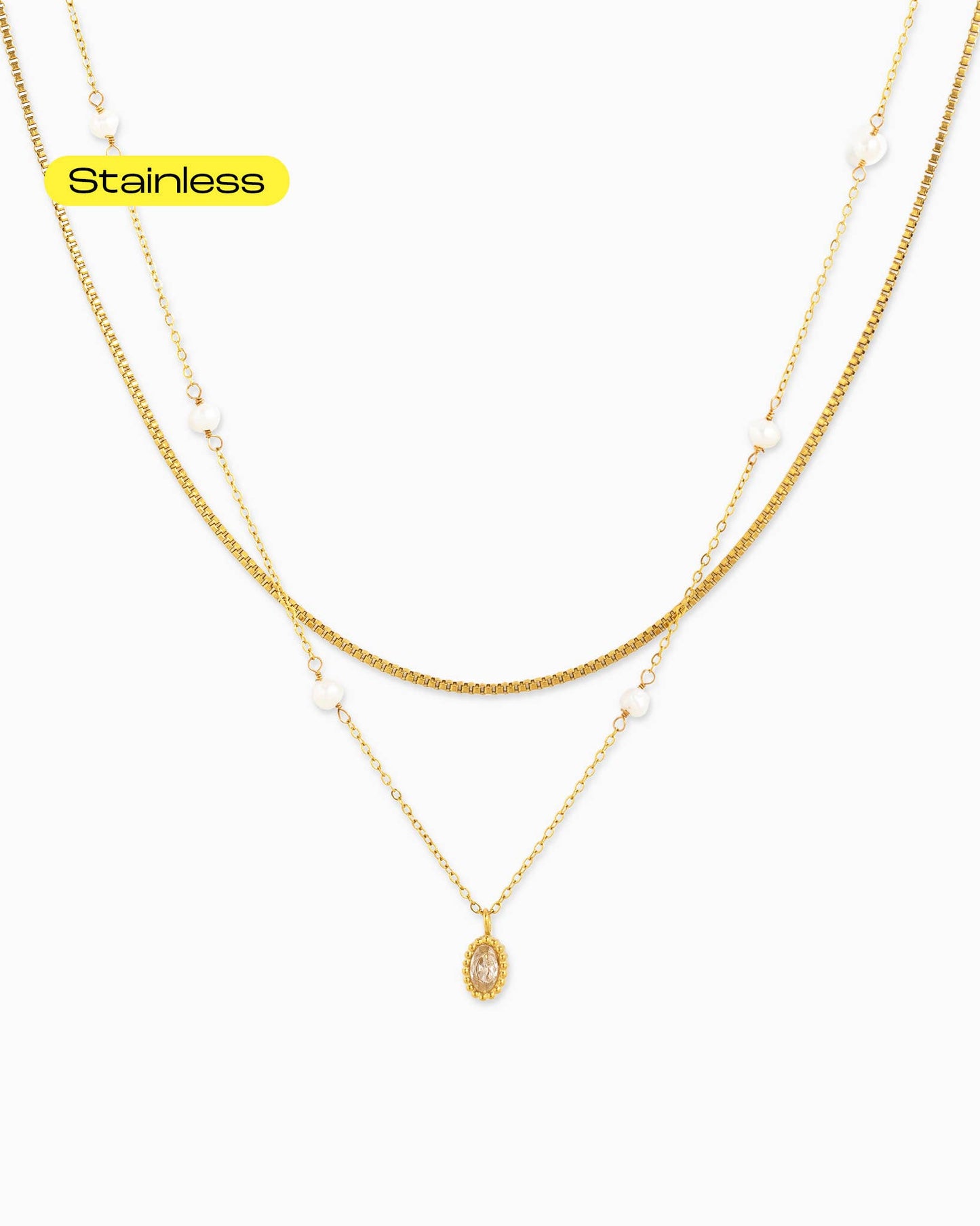 Sessori - Stainless Steel Oval Pendant w/ Pearl Layered Necklace
