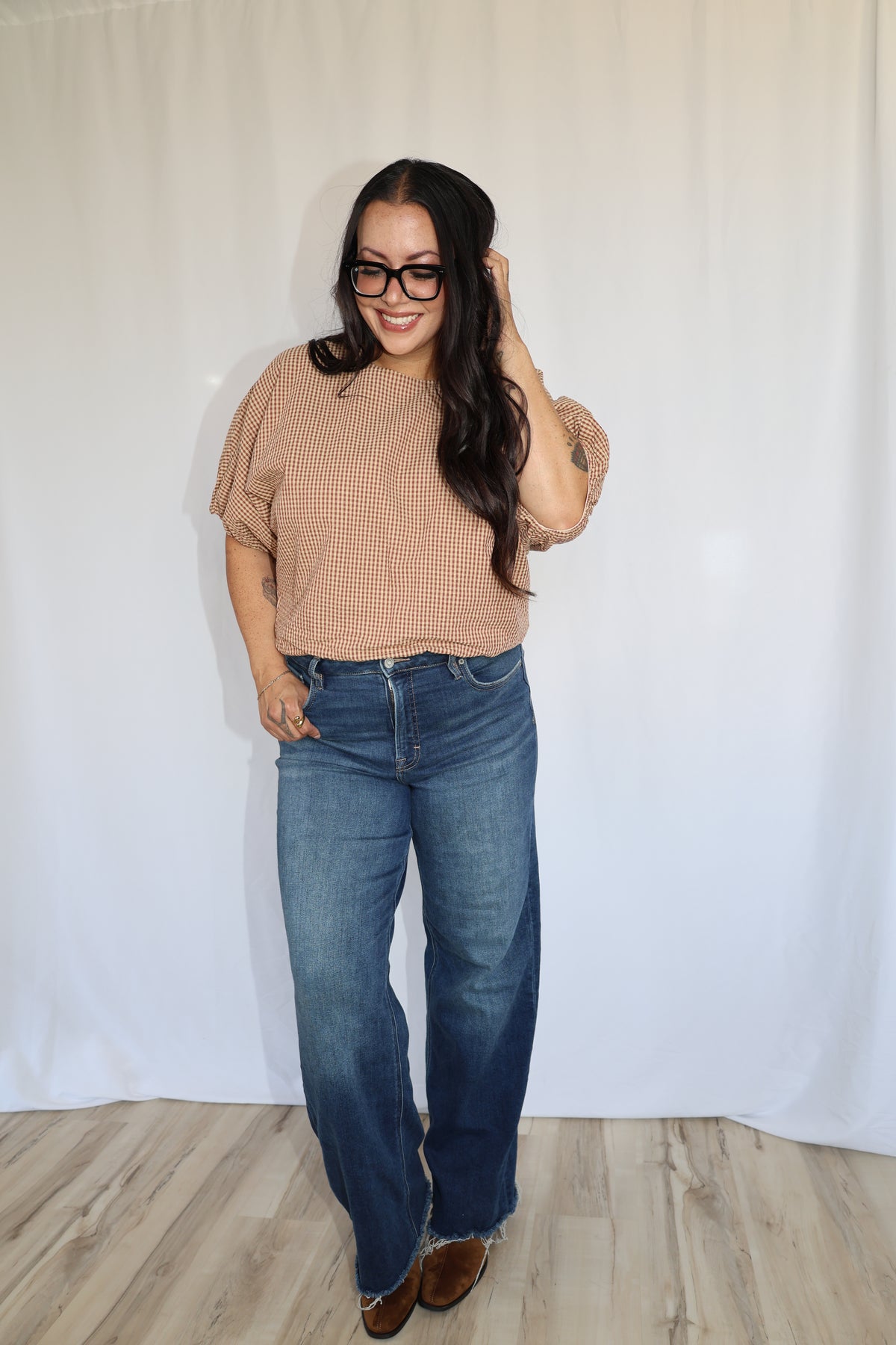 Let The Leaves Fall crop gingham dolman sleeve top