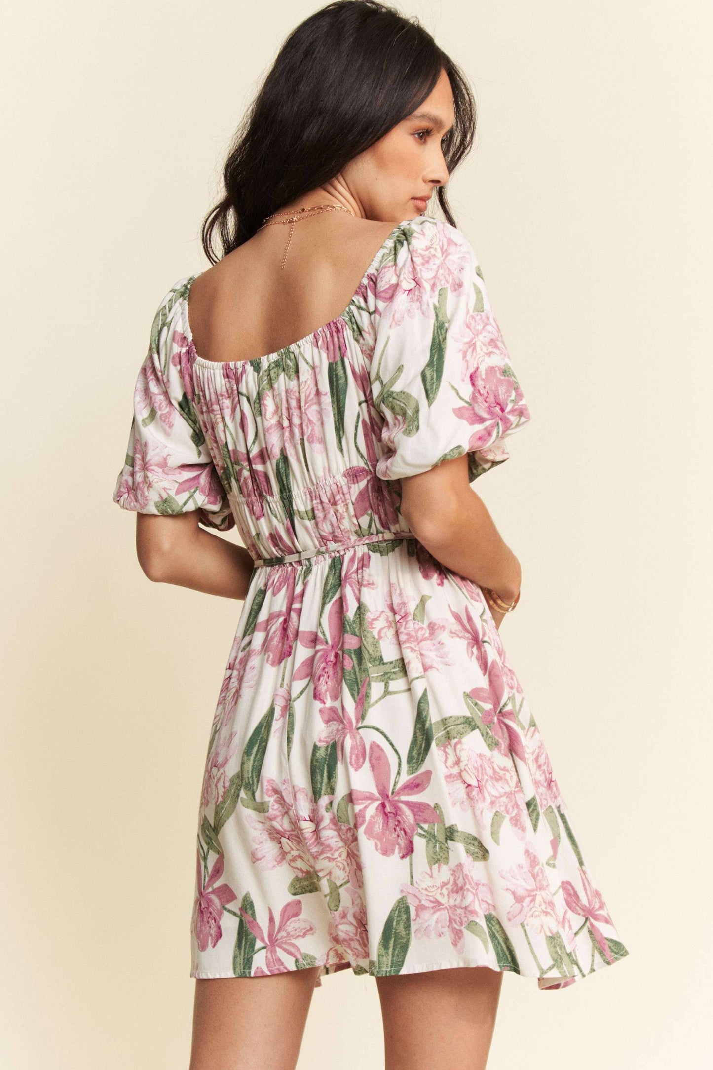 Davi & Dani - FLORAL SQUARE NECK PUFF SLEEVE A-LINE SHORT DRESS