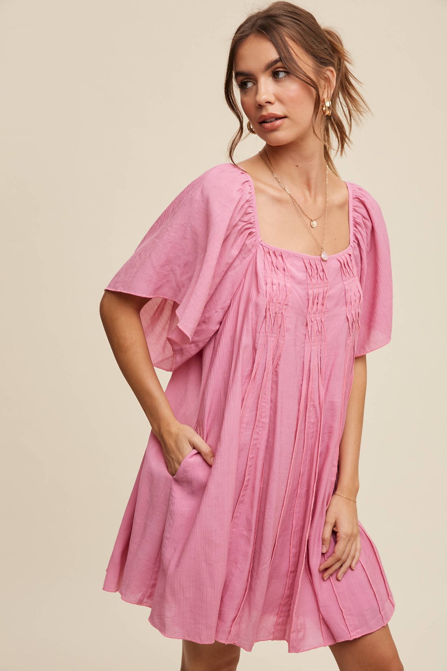 Listicle - Textured A-Line Mini Dress with Flutter Sleeves