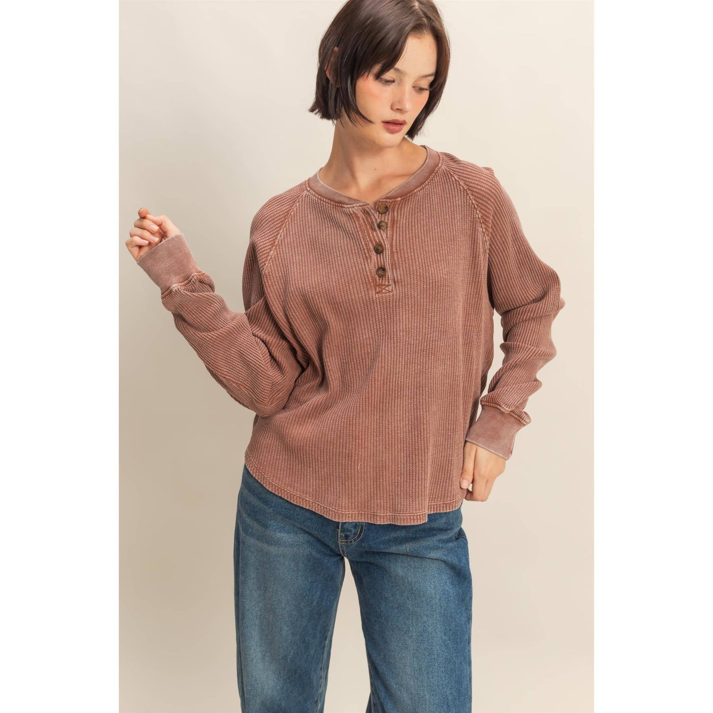 HYFVE - Mineral Washed Henley Waffle Raglan Sleeve Top