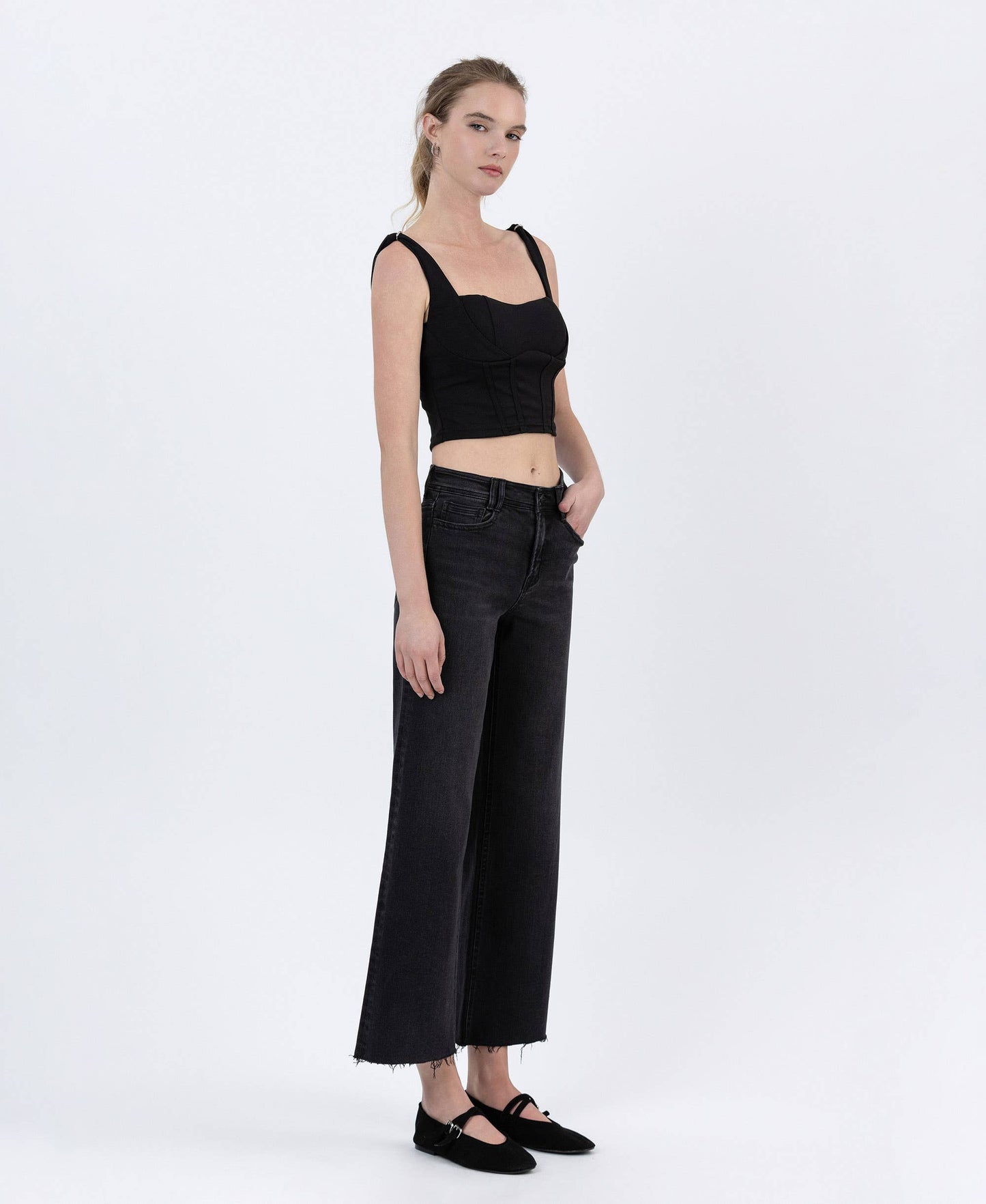 FLYING MONKEY - HIGH RISE RAW HEM ANKLE WIDE JEANS