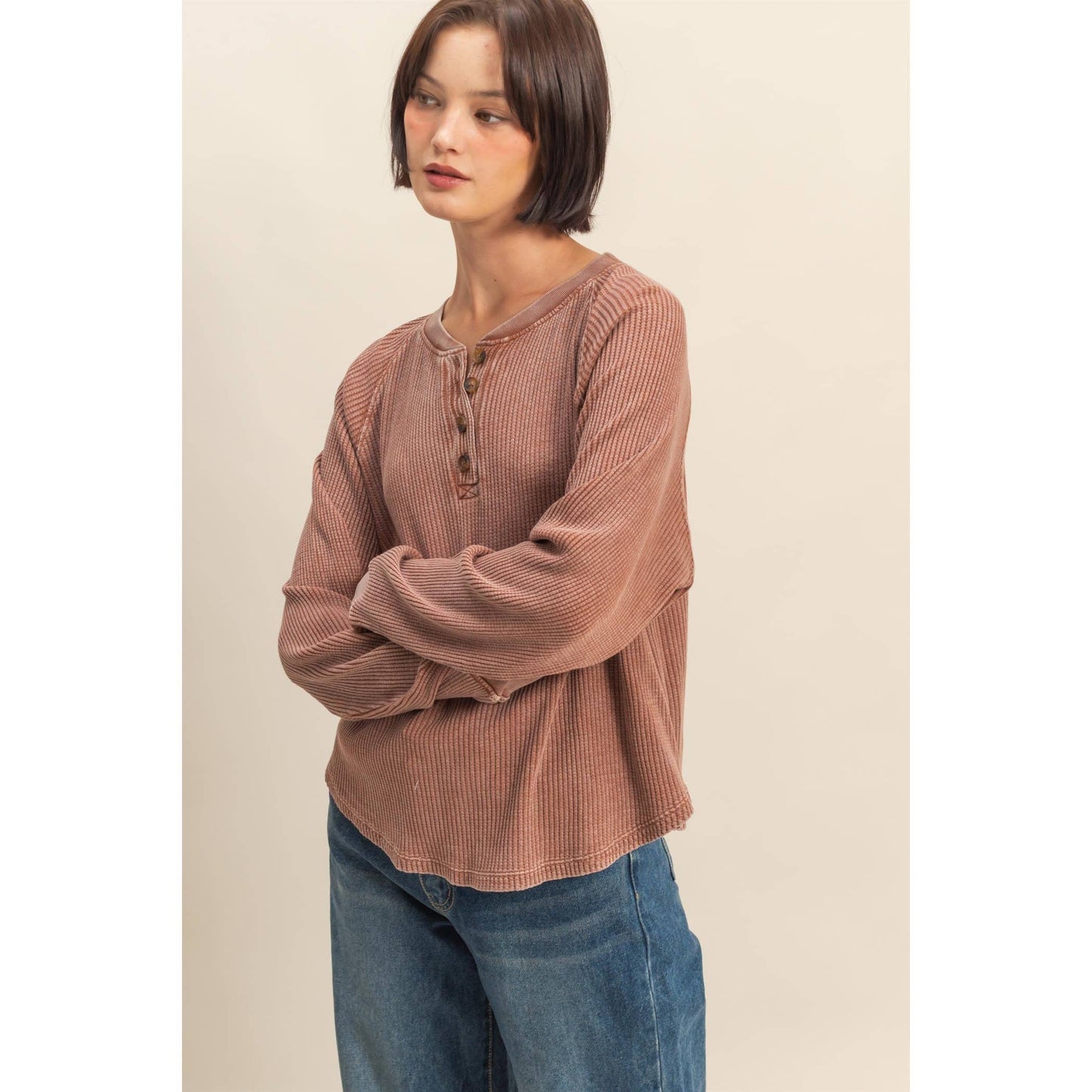 HYFVE - Mineral Washed Henley Waffle Raglan Sleeve Top